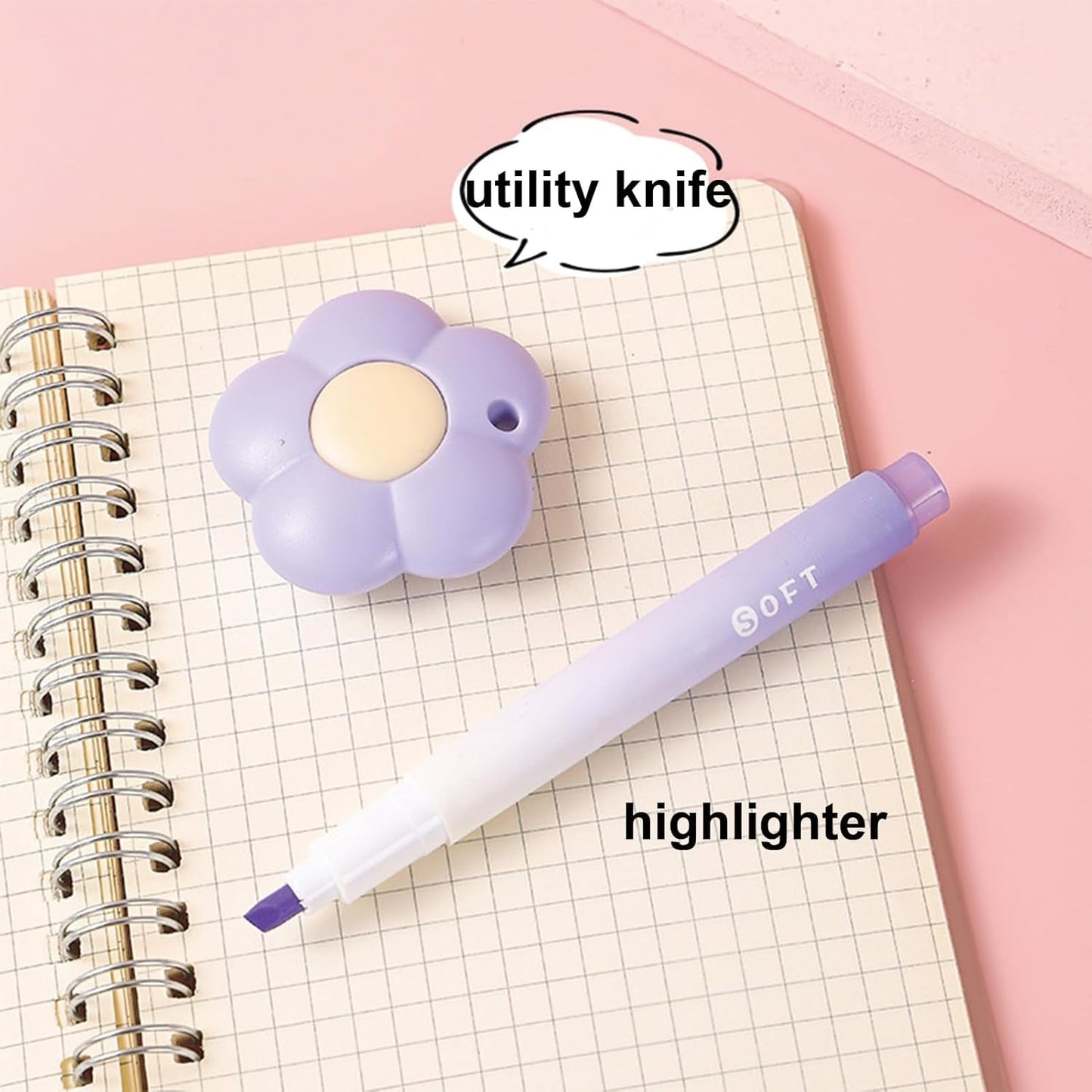 7 Pcs Cute Purple Stationery Set Kawaii School Supplies Office Supplies Including Ballpoint Pens Pencil Sharpener Highlighter Correction Tape Ruler Utility Knife (Purple)