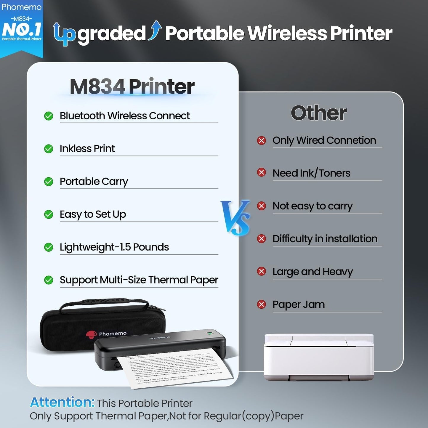 Phomemo Upgraded 300DPI Portable Printers Wireless for Travel, M834 Bluetooth Thermal Printer 8.5" X 11"& A4 Size,Inkless Mobile Printer with Carry Case for Travel,Office,School,Car,Home,Black