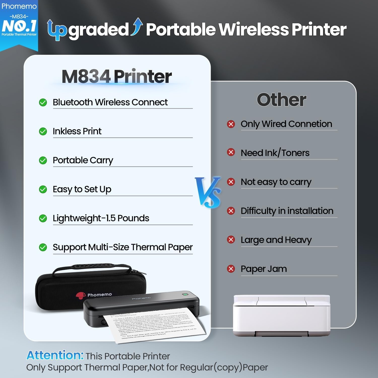 Phomemo Upgraded 300DPI Portable Printers Wireless for Travel, M834 Bluetooth Thermal Printer 8.5" X 11"& A4 Size,Inkless Mobile Printer with Carry Case for Travel,Office,School,Car,Home,Black