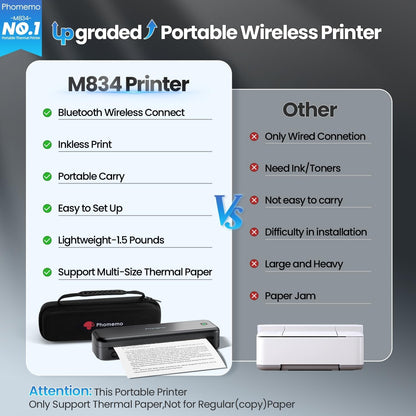 Phomemo Upgraded 300DPI Portable Printers Wireless for Travel, M834 Bluetooth Thermal Printer 8.5" X 11"& A4 Size,Inkless Mobile Printer with Carry Case for Travel,Office,School,Car,Home,Black