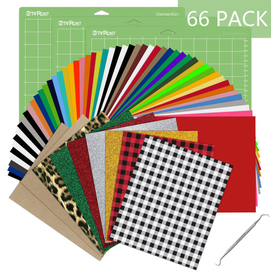 66 Sheets 12 X 10" HTV Heat Transfer Vinyl Bundles Iron on for T-Shirts, Clothing and Textiles, Easy Transfers, Includes 3 Pack Standard Grip Cutting Mat