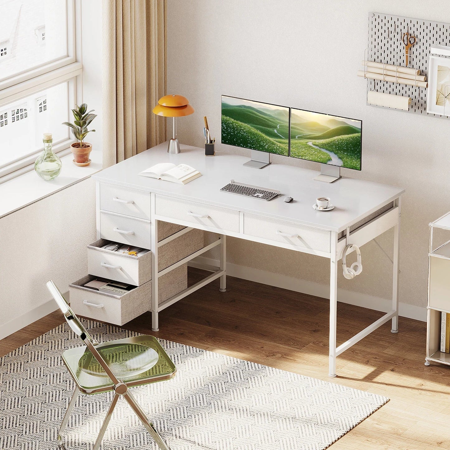 48" Home Office Desk with 6 Drawers, Modern Computer Desk with Small Space, Corner Computer Desk, Pure White