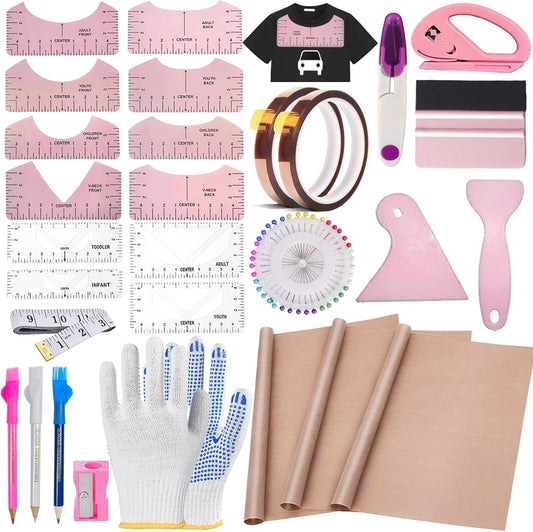 Sublimation Shirts Tool Kits 66 Pcs Shirt Measure Ruler Set Reusable round Neck and V-Neck Alignment T-Shirt Guide Ruler Teflon Sheet for Heat Press 12 X 16In Heat Resistant Tape