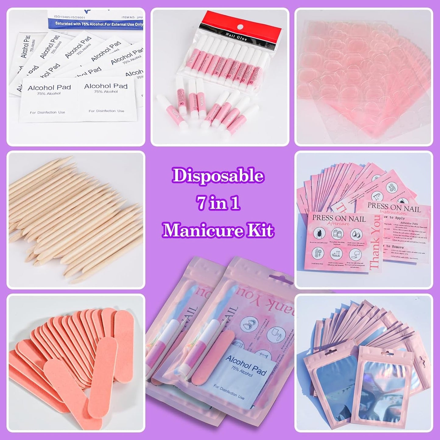 Disposable Nail Supplies Kits,Professional Manicure Press on Nail Tool Kit with Nail File,Adhesive Tabs,Nail Glue,Sticks, Prep Pads,Bags,Cards for Nail Business (140Pcs20Set-Pink)