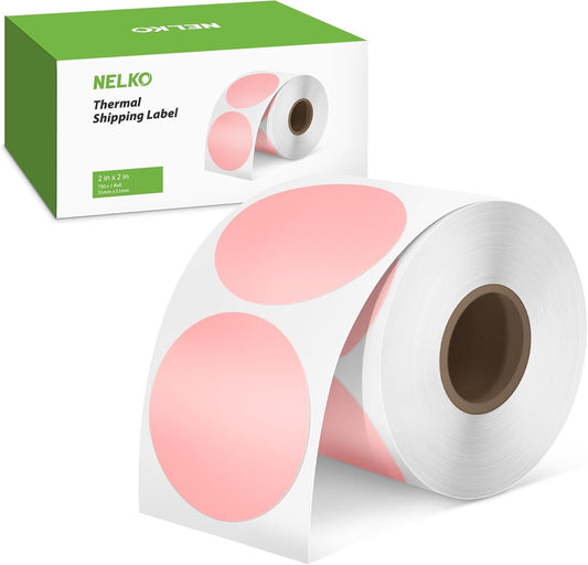 Nelko Genuine 2 Inch Pink Circle Thermal Stickers Labels, Compatible with Nelko PL70E Label Printer, Self-Adhesive for Small Businesses, DIY Logo Design, Customized Stickers, QR Code 750 Labels/Roll