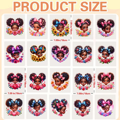 20 Pcs 7 Inch Vinyl DTF Heat Transfers for Shirts with Afro Girl and Floral Heart Designs for DIY Apparel Crafting and Gift Projects