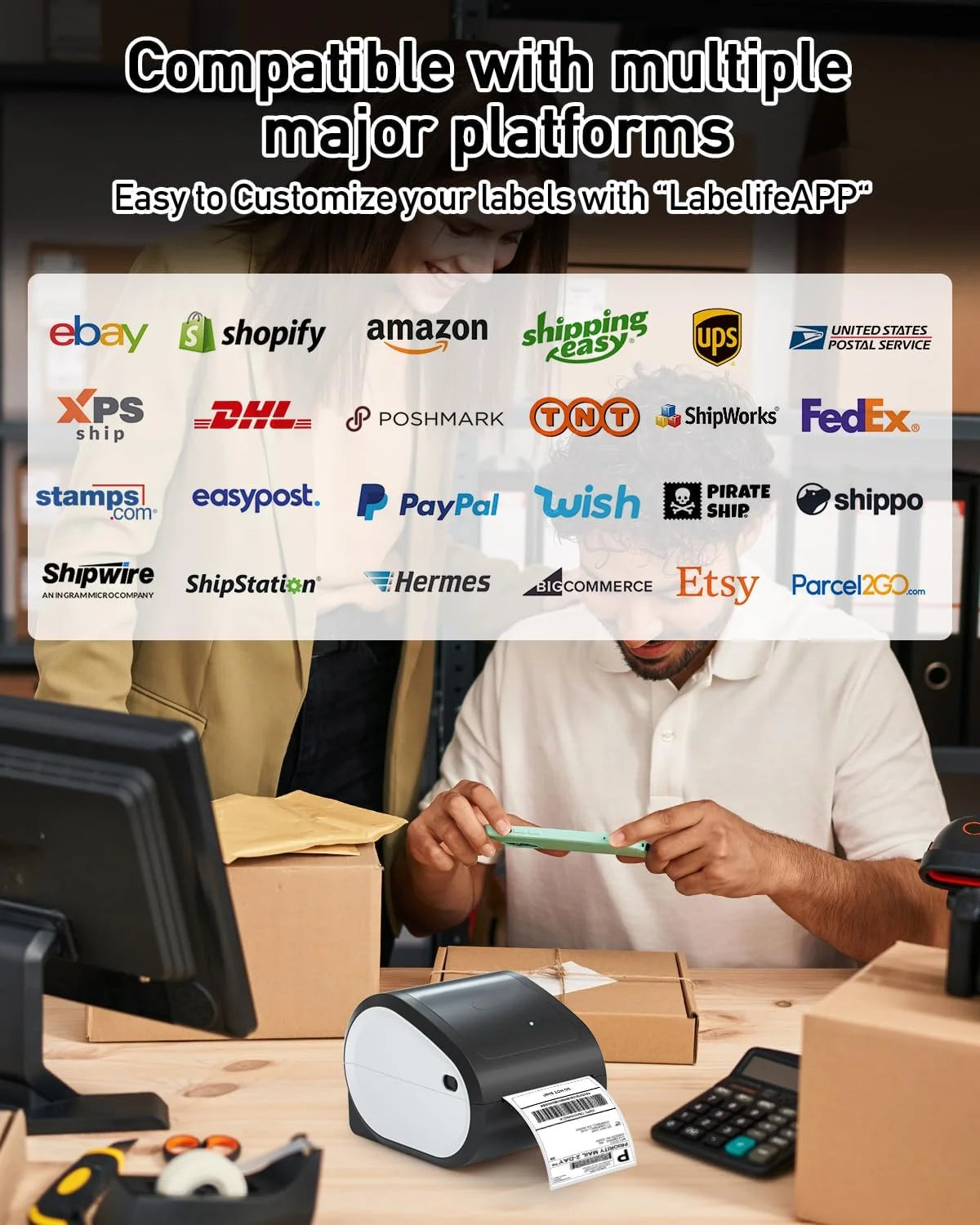 Bluetooth Thermal Label Printer 4X6 - D520BT Built-In Label Holder Wireless Thermal Printer for Small Business Shipping Packages - Compatible with USPS, Amazon, Shopify, Ebay and More(Black＆White)