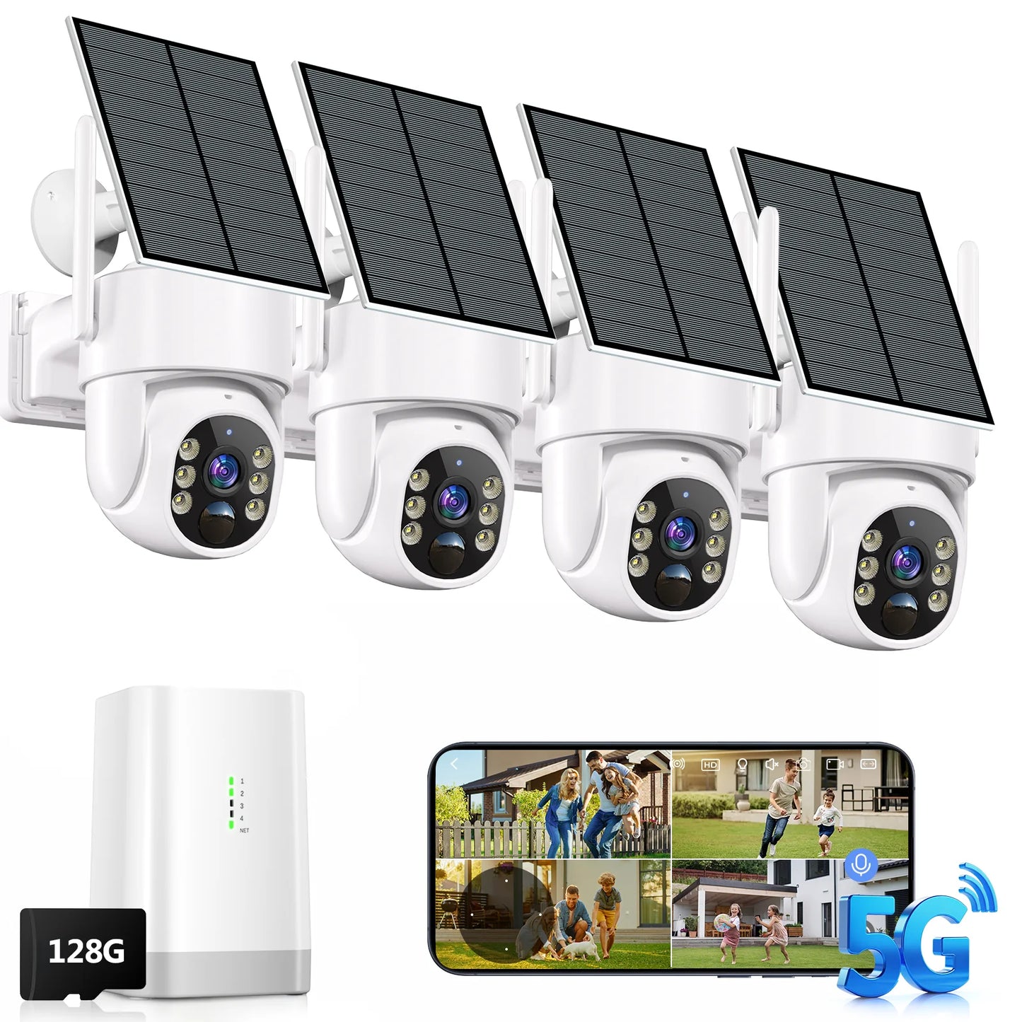 Security Cameras Wireless Outdoor, 5G&2.4G Wifi Cameras for Home Security, No Subscription Needed, 4 Cam-Kit,4Mp Solar Powered Security Cameras System, 360°PTZ,128GB Local Storage, Color Night Vision