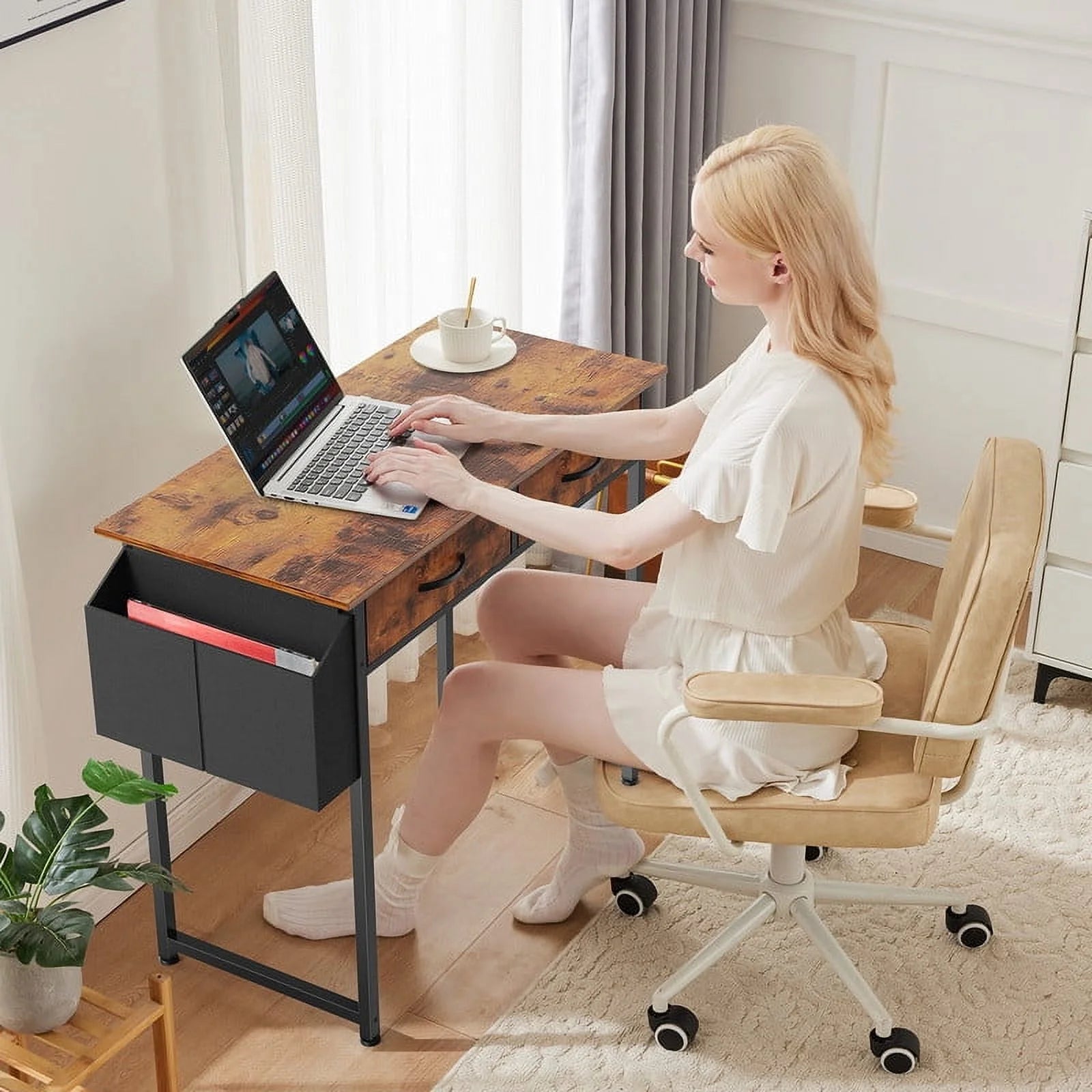 32 Inch Desk with 2 Drawers Home Office Computer PC Table with Fabric Storage Bag, Study Writing Wood Deskboard for Small Spaces,Rust Brown