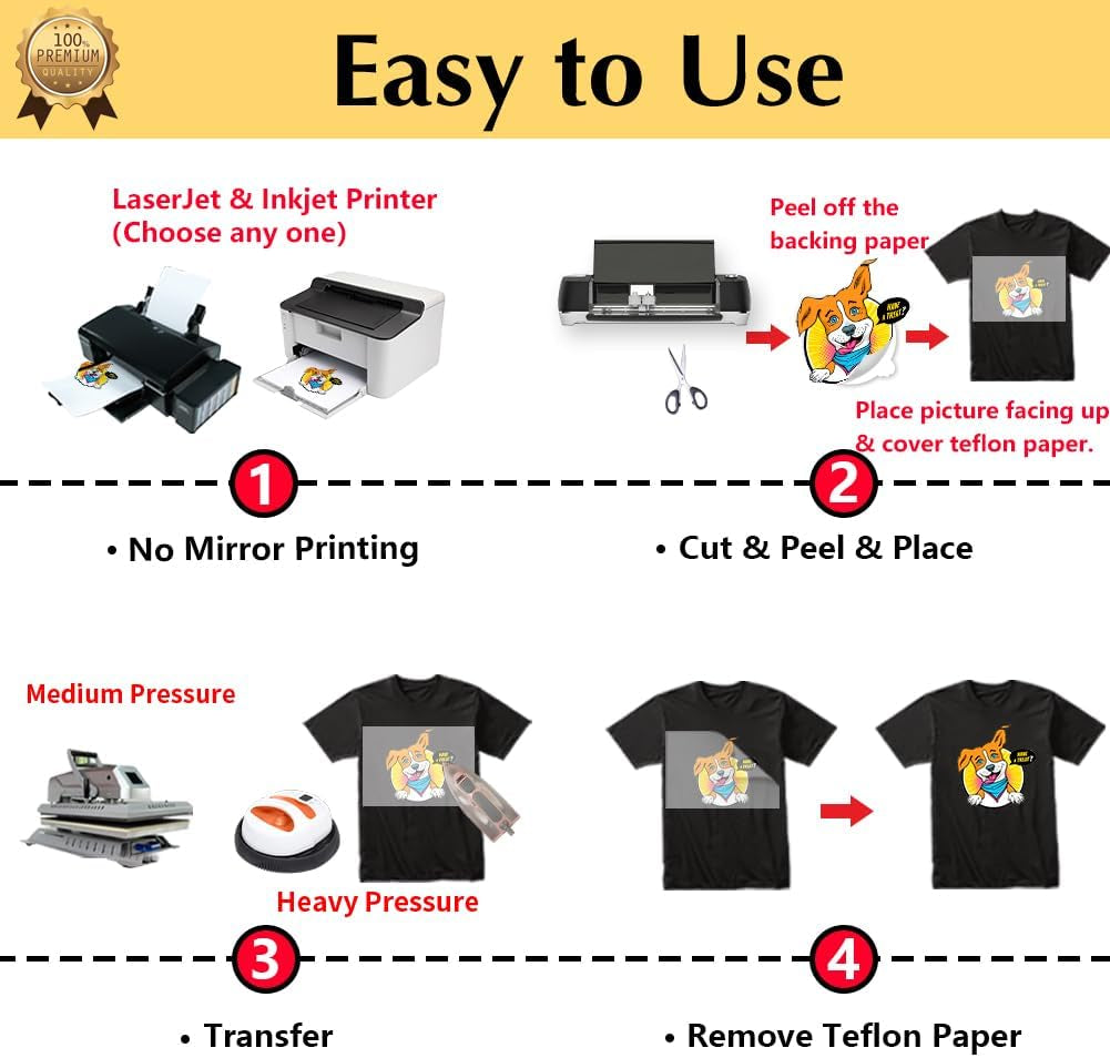 Transourdream Iron on Heat Transfer Paper for Dark T Shirts (10 Sheets 8.5X11", Dark 3.0) Printable HTV Vinyl for Inkjet & Laserjet Printer, Transfers Paper for Dark Fabric