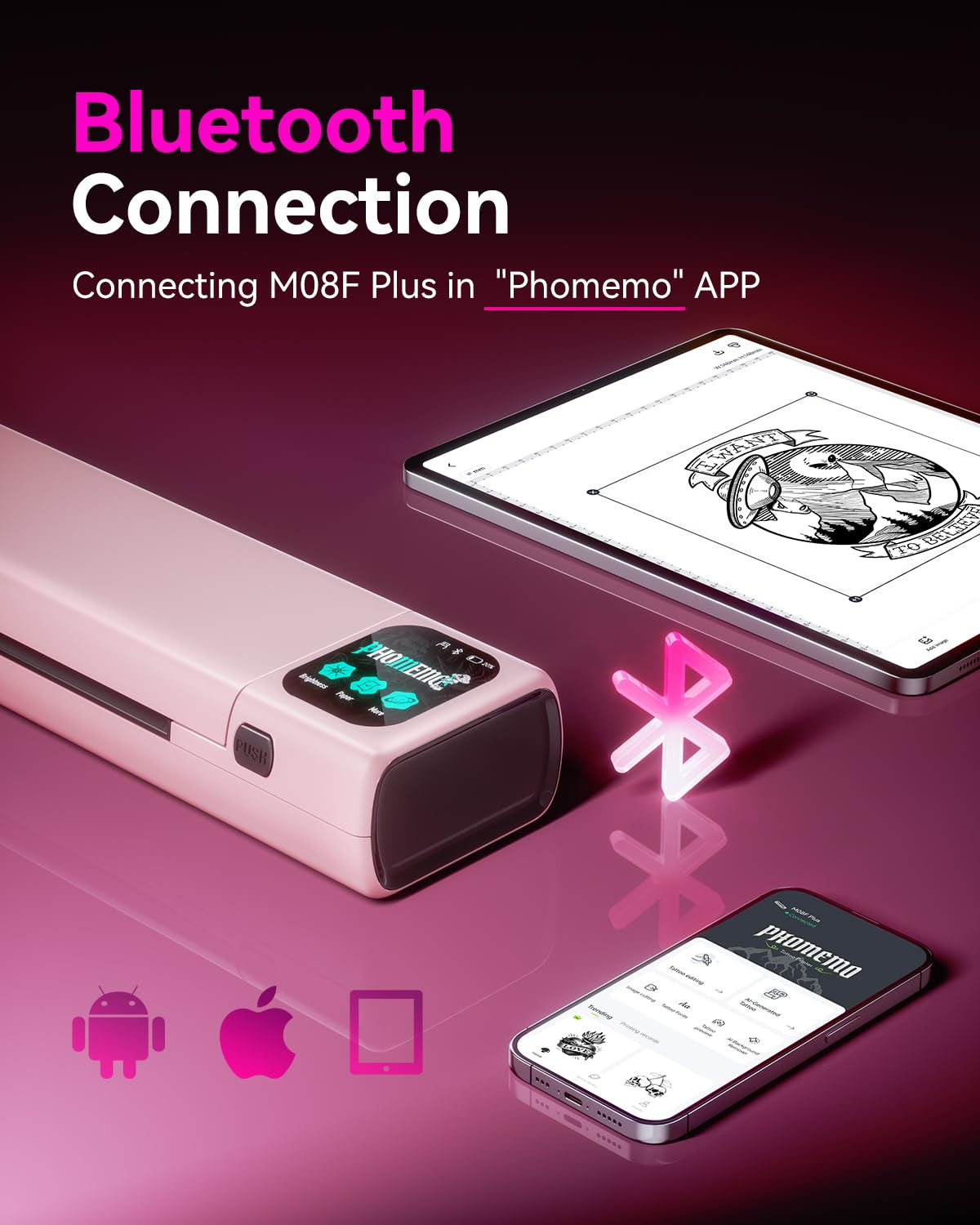 Phomemo M08F plus Tattoo Stencil Printer with Touchscreen, Bluetooth Tattoo Printer Machine with 10Pcs Transfer Paper, Compatible with Phone, Tablet, PC, Tattoo Supplies for Professionals, Pink