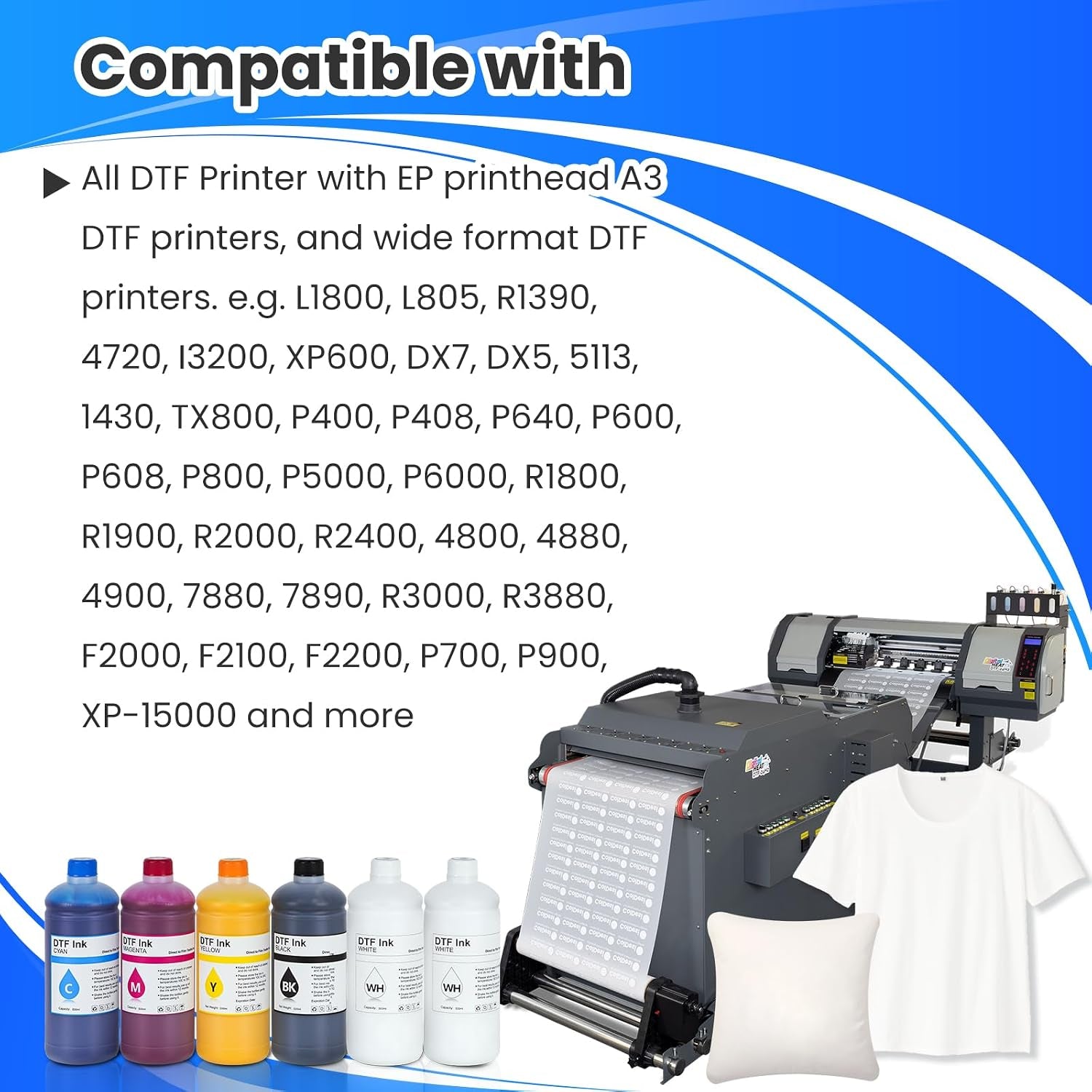 Premium DTF Ink 500 Ml 6-Pack, DTF Heat Transfer Ink Refill ET-8550 | for All DTF Printers L1800 R2400 L800 DX5 DX7 5113 XP600 I3200 (2White, 1Black, 1Cyan, 1Magenta, 1Yellow)