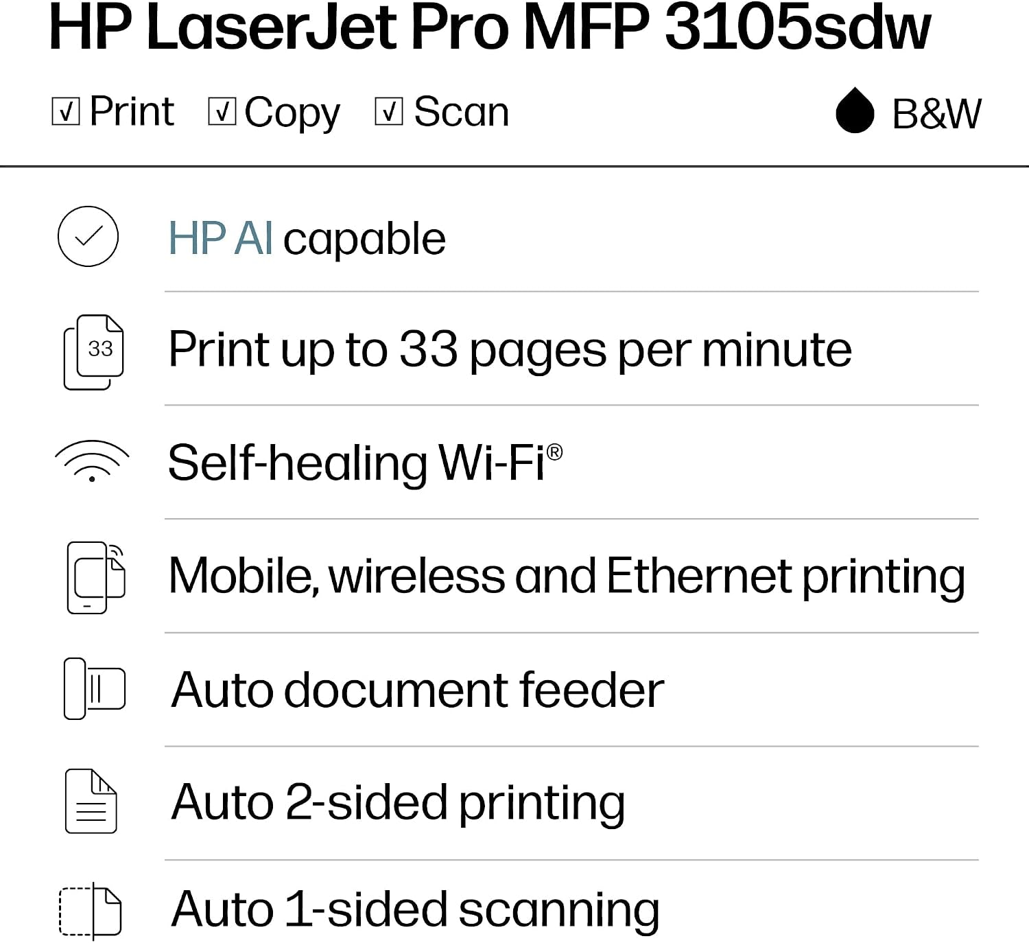HP Laserjet Pro MFP 3105Sdw Wireless Printer, Print, Scan, Copy, Fast Speeds, Easy Setup, Mobile Printing, Advanced Security, Best-For-Office, Ai-Capable (3G646A)
