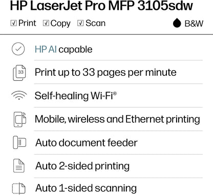 HP Laserjet Pro MFP 3105Sdw Wireless Printer, Print, Scan, Copy, Fast Speeds, Easy Setup, Mobile Printing, Advanced Security, Best-For-Office, Ai-Capable (3G646A)