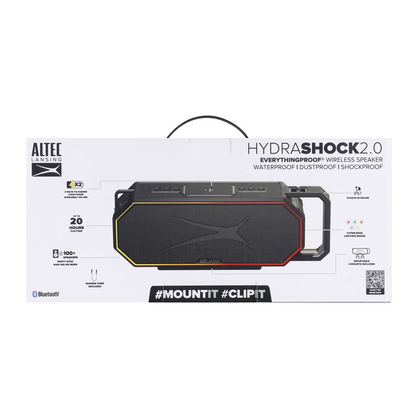 Hydrashock 2.0 Everythingproof™ Bluetooth Speaker, 20H Playtime, Hyperedge LED, Qi Wireless Charging, IP67 Waterproof, Party Sync, USB-C Fast Charge