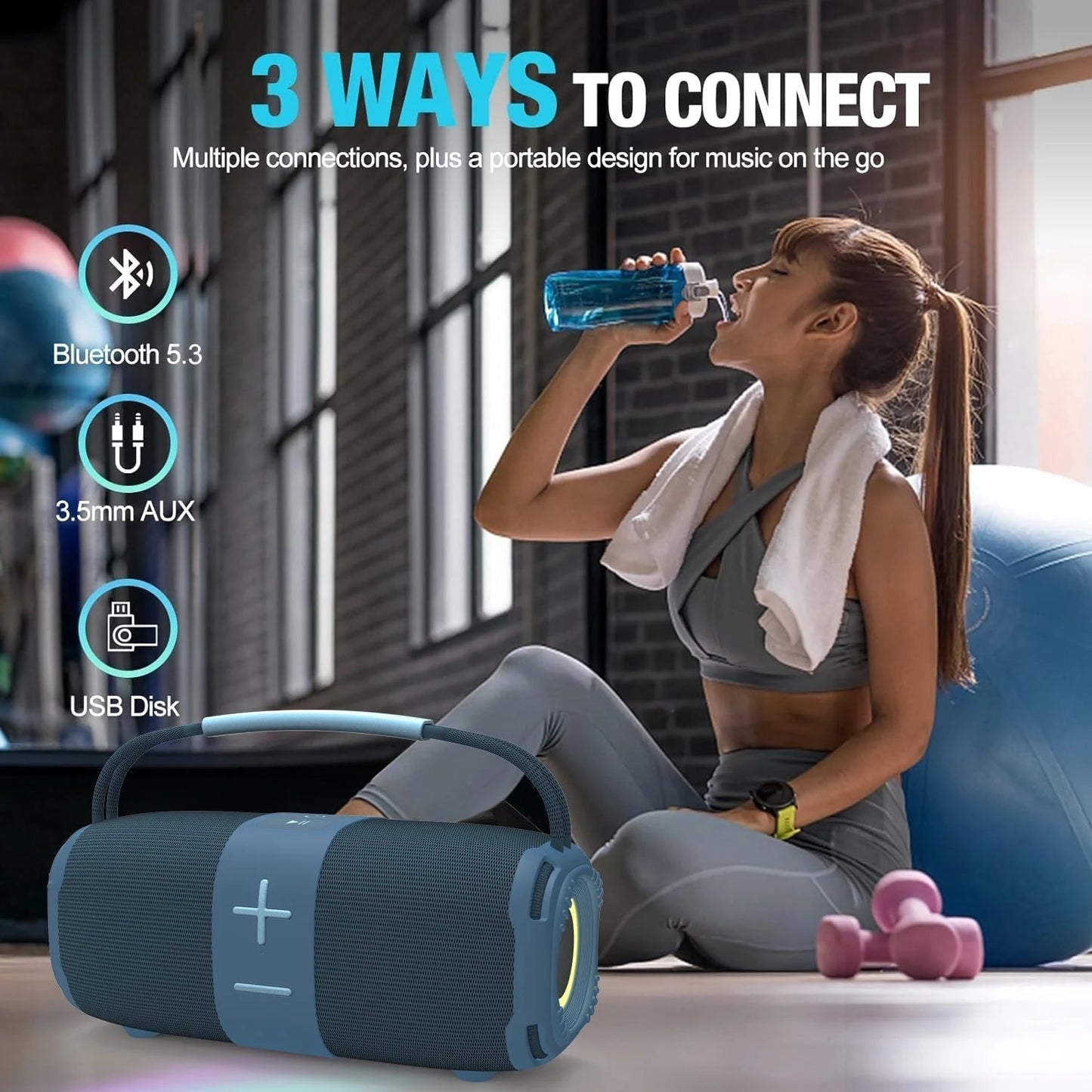 Portable Bluetooth 5.3 Speaker,Wireless Speaker with Dynamic LED Lights and Powerful 360° Sound,Tws Pairing,Outdoor Music Party Show,Blue
