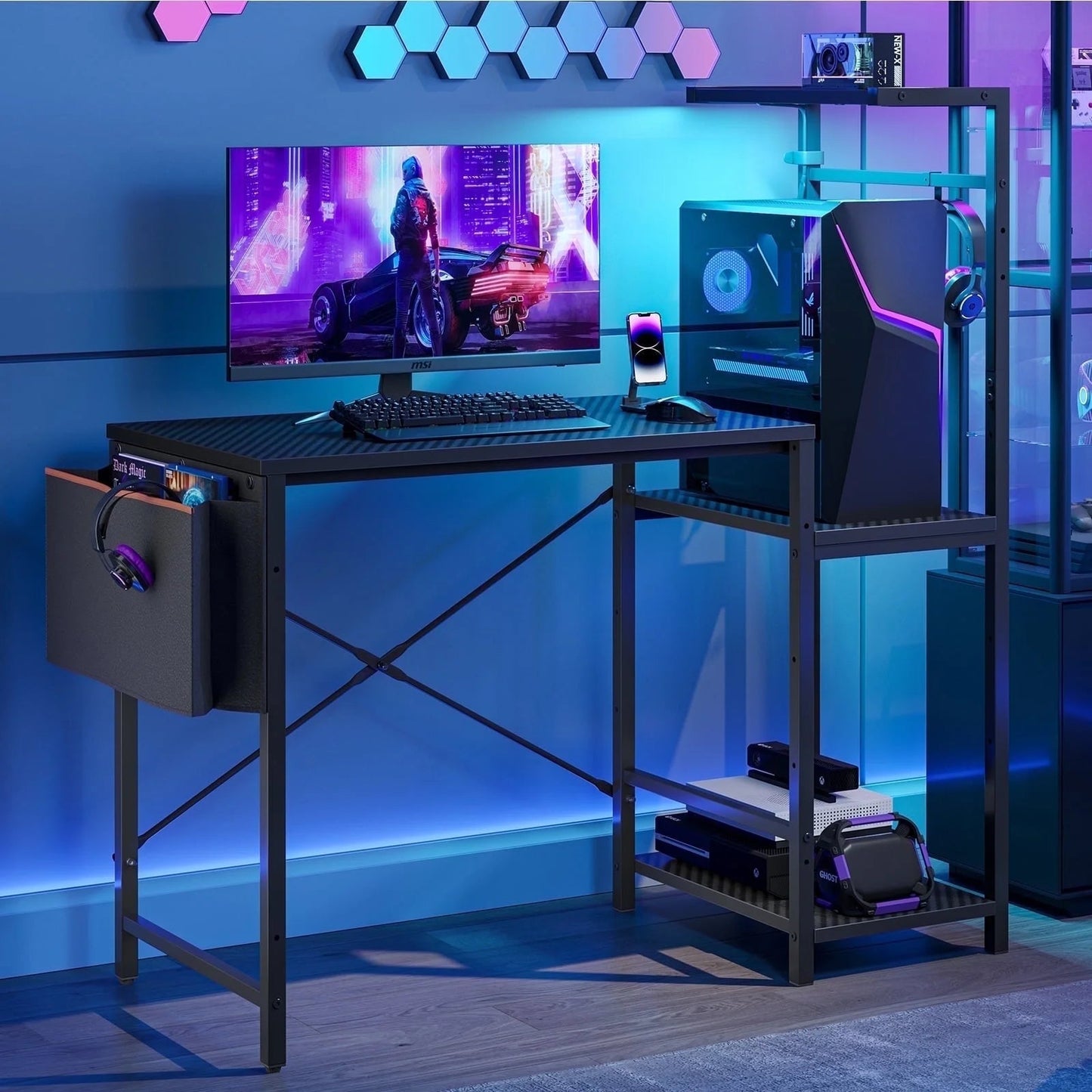Gaming Desk with LED Lights, 44'' Computer Desk with Reversible Shelves, PC Gamer Desk with Side Storage Bag, Hooks and Height Adjustable Shelf for Home Office, Carbon Fiber Black