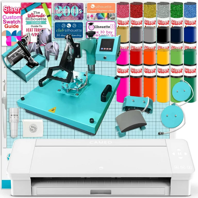 Silhouette White Cameo 4 w/ 8-in-1 Turquoise 15" x 15" Heat Press Bundle