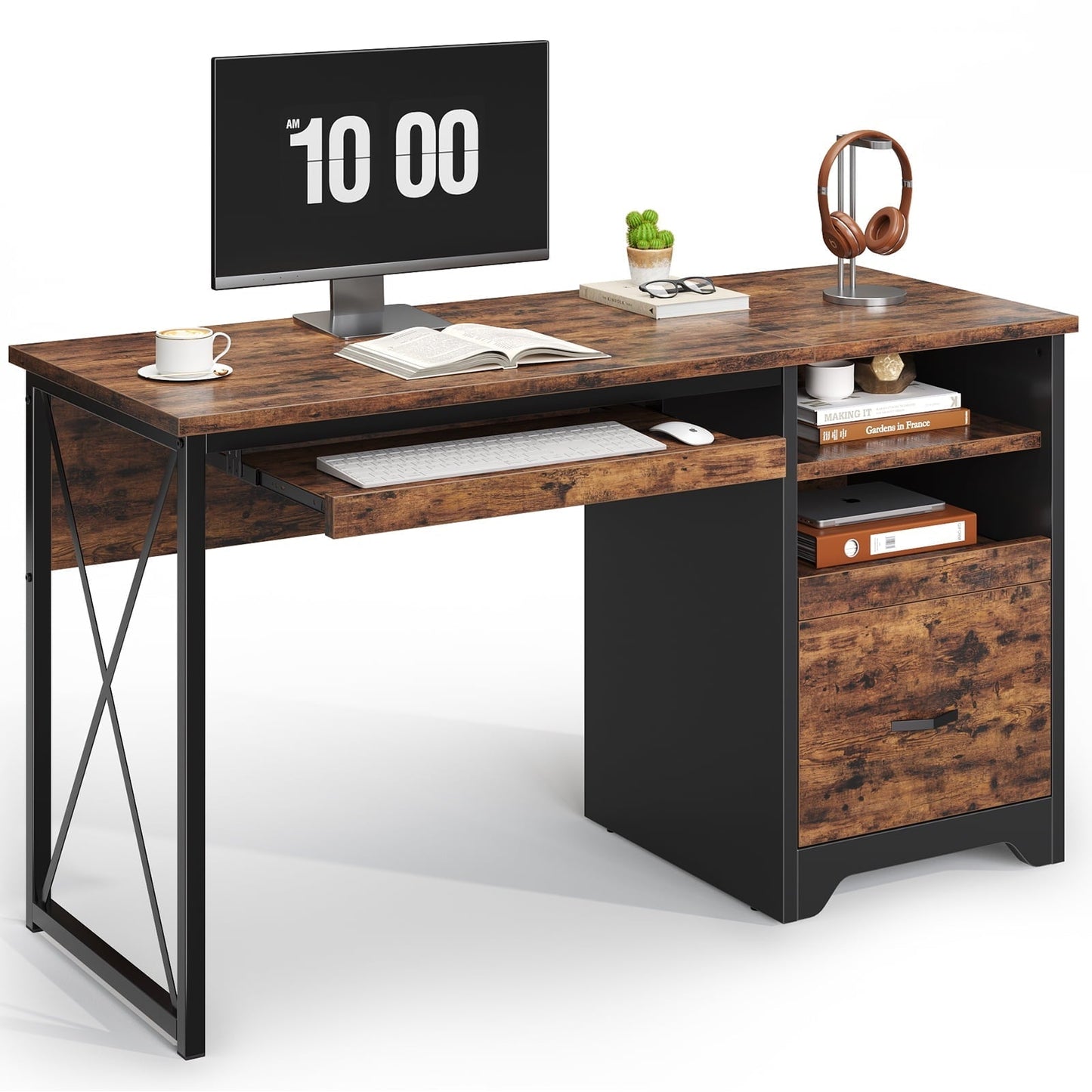 47 Inch Computer Desk with Storage File Drawer & Keyboard Tray, Home Office Writing Desk Work Study Table for Small Space, Rustic Brown