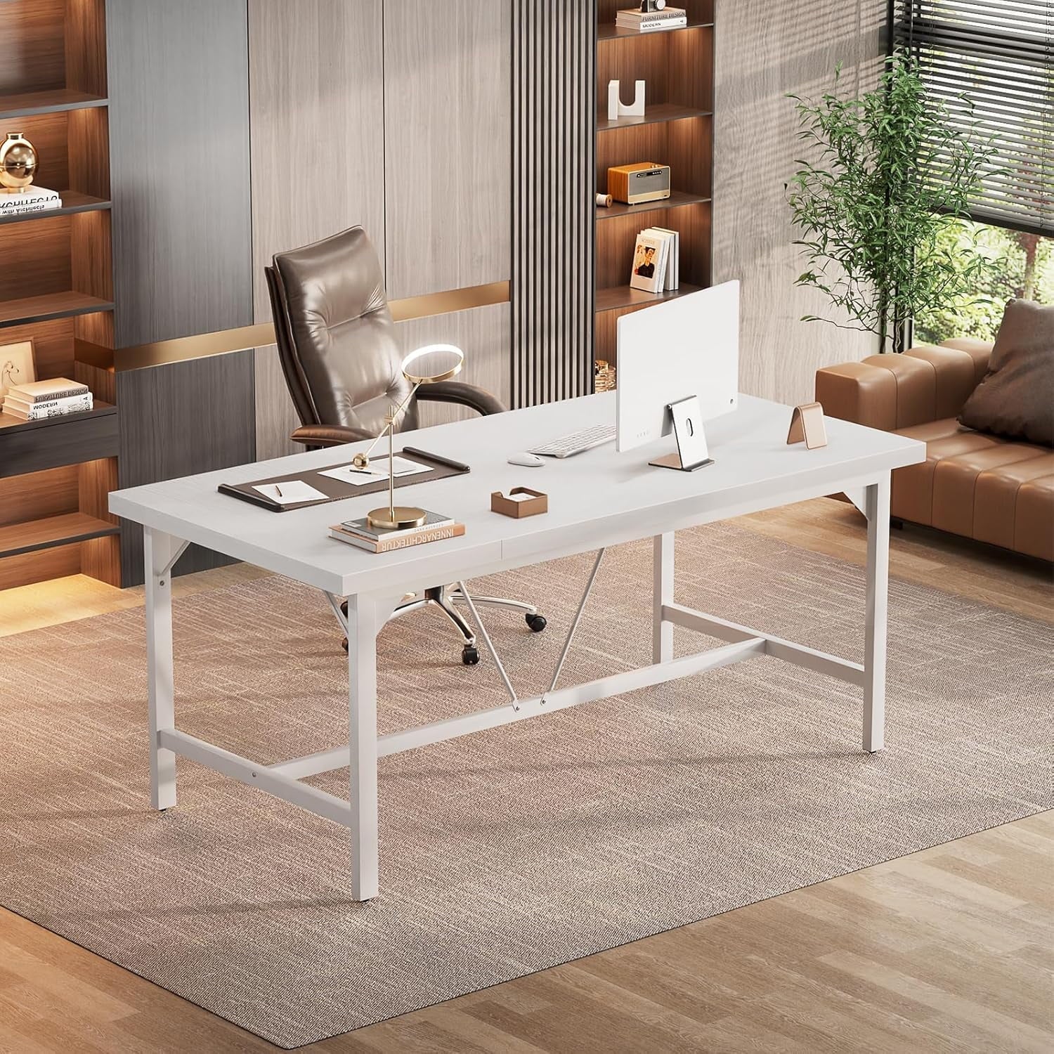63 Inch Computer Desk, Sturdy Large Office Desk, Premium 2 Person Long Desks, Super Thick Study Writing Gaming Table, Modern Computer Table, Easy to Assemble, White