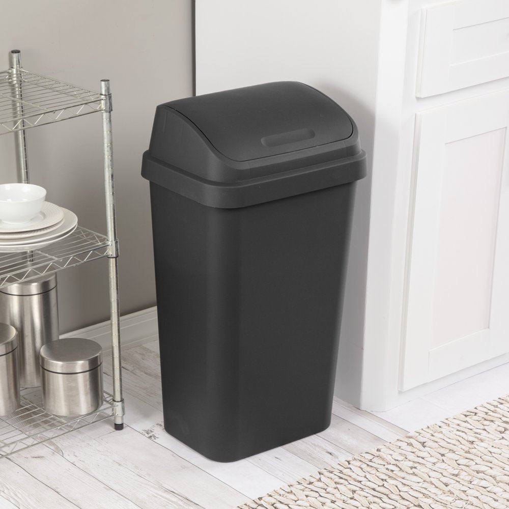 13 Gallon Trash Can, Plastic Swing Top Kitchen Trash Can, Black