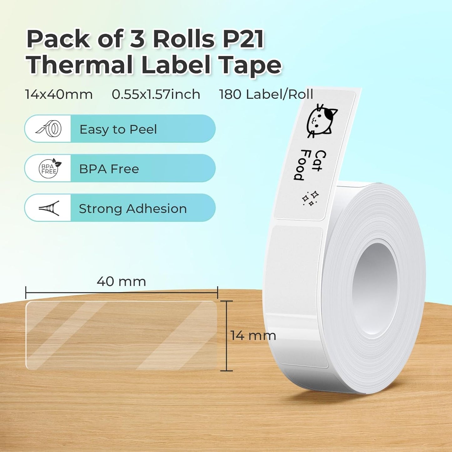 NELKO Genuine P21 Label Maker Tape, Adapted Label Print Paper, 14X40Mm (0.55"X1.57"), Standard Laminated Office Labeling Tape Replacement, Multipurpose of P21, 180 Labels/Roll, 3-Roll, Transparent