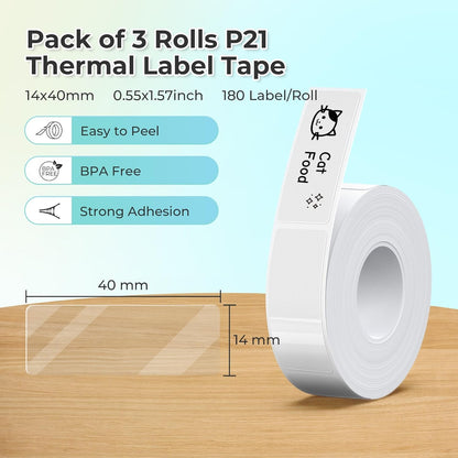 NELKO Genuine P21 Label Maker Tape, Adapted Label Print Paper, 14X40Mm (0.55"X1.57"), Standard Laminated Office Labeling Tape Replacement, Multipurpose of P21, 180 Labels/Roll, 3-Roll, Transparent
