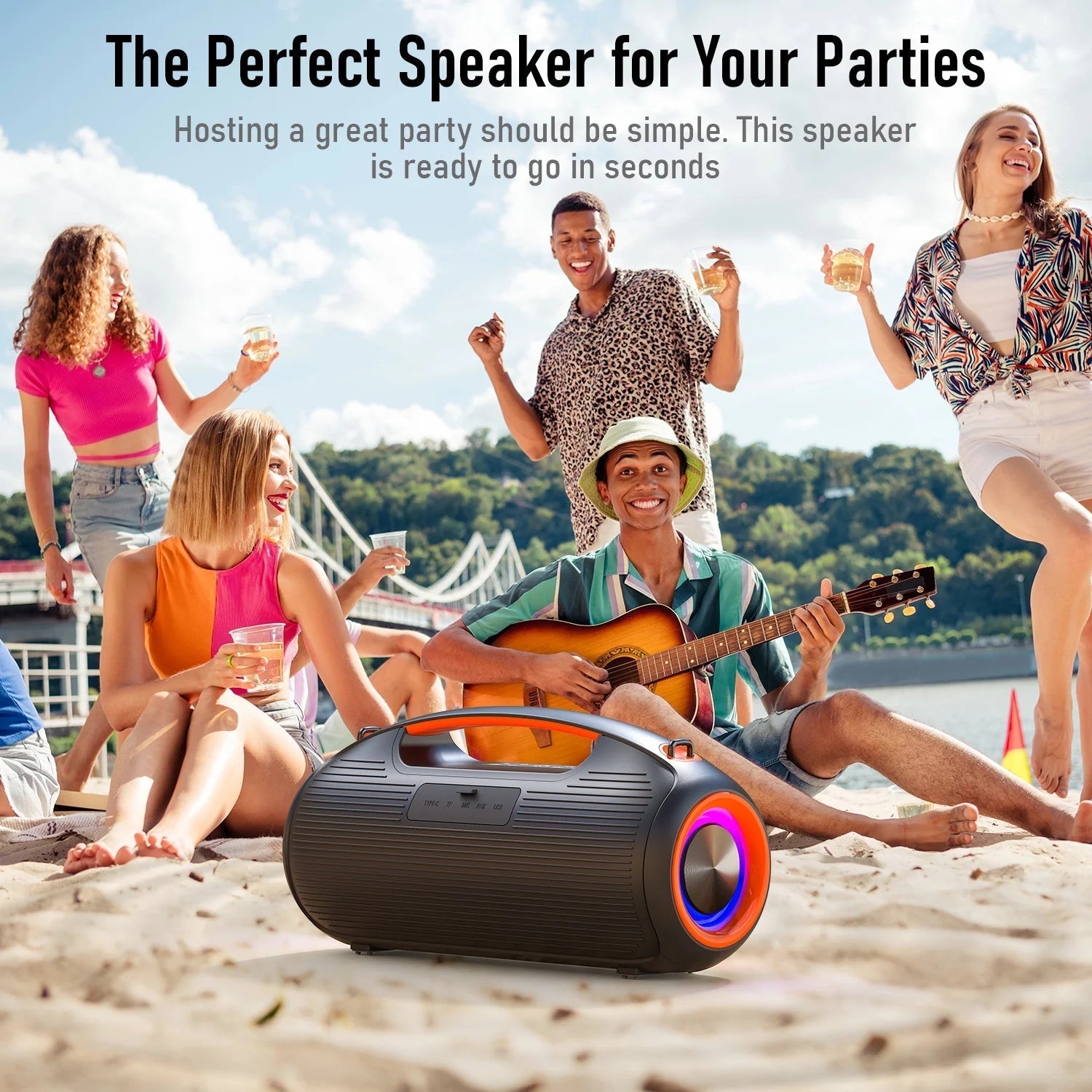 Portable Bluetooth Speaker with Bass Boost, IP65 Waterproof Outdoor Wireless Loud Speaker with Disco Dynamic Light, 180W Power and USB/AUX/TF Input for Party