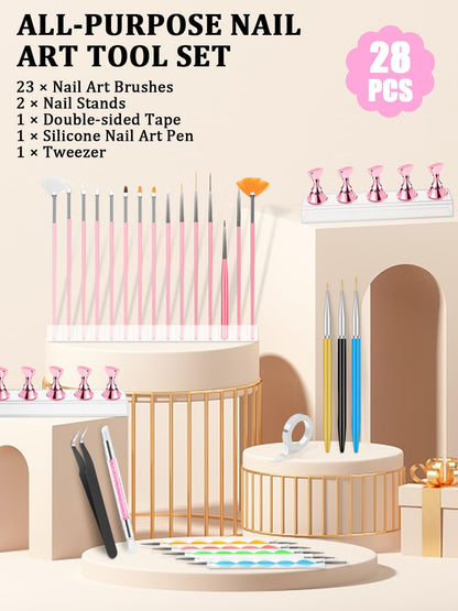 Nail Art Tools Set, Nail Stand for Press on Holder for Painting Nails, Nail Art Brushes, Liner Brushes, Nail Dotting Tool, Must Haves Design Tools Supplies Kit for Nail Tech & Beginners (Pink)