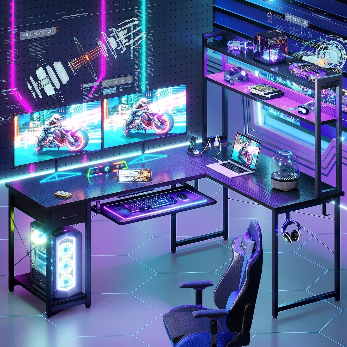 59" Reversible L-Shaped Gaming Desk with Power Outlets & LED Lights, Office Desk with Storage Drawer & Keyboard Tray for Home Office, Corner Computer Desk with Hutch, Pure Black