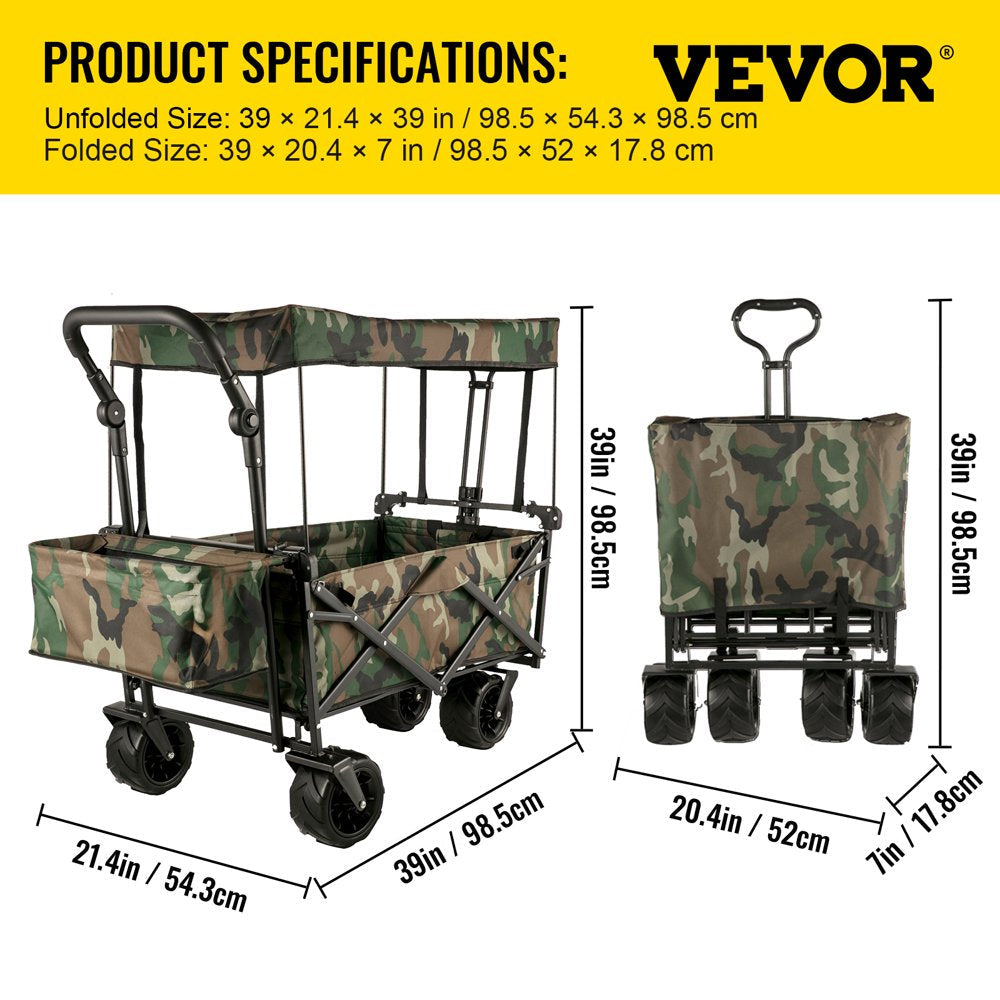 Collapsible Wagon Cart Camouflage, Foldable Wagon Cart Removable Canopy 603D Oxford Cloth, Collapsible Wagon Oversized Wheels, Portable Folding Wagon Adjustable Handles, Beach, Garden