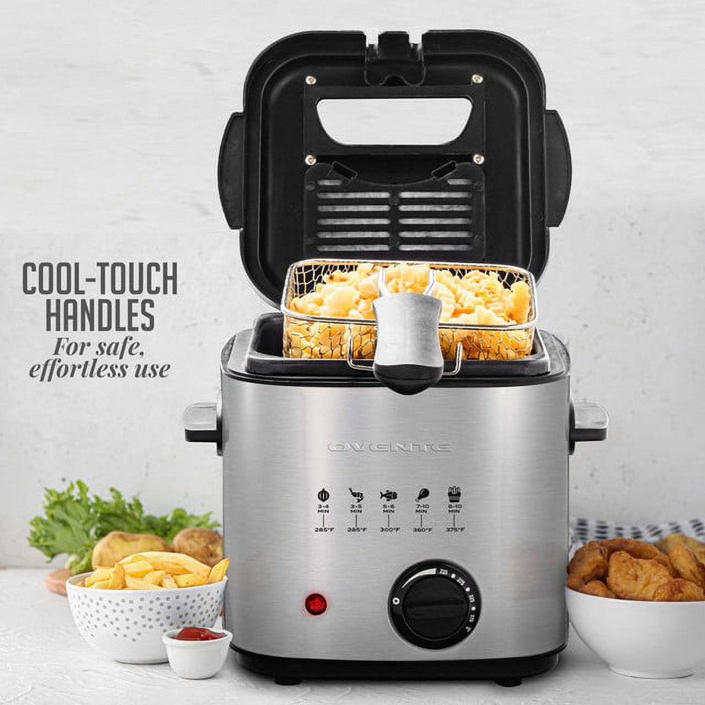 Electric Deep Fryer 1.5 Liter Capacity, Lid with Viewing Window, Removable Frying Basket, Adjustable Temperature, Cool Touch Handles and Easy to Clean Stainless Steel Body, Silver FDM1501BR