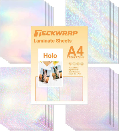 Holographic Laminate Sheets for Stickers Self Adhesive Vinyl Laminating Sheets Holographic Sticker Paper Clear Vinyl for Inkjet Printer 8.26" X 11.69" A4 28 Sheets (Rainbow,Gem,Star, Sparkle)