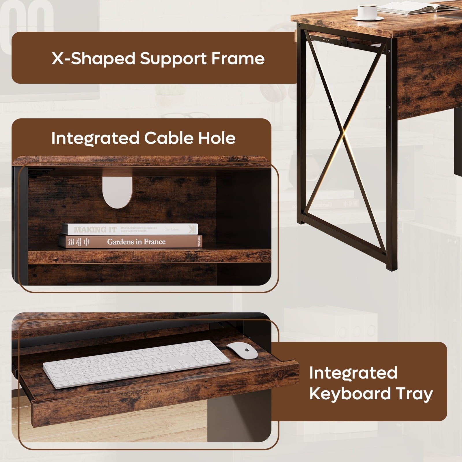 47 Inch Computer Desk with Storage File Drawer & Keyboard Tray, Home Office Writing Desk Work Study Table for Small Space, Rustic Brown
