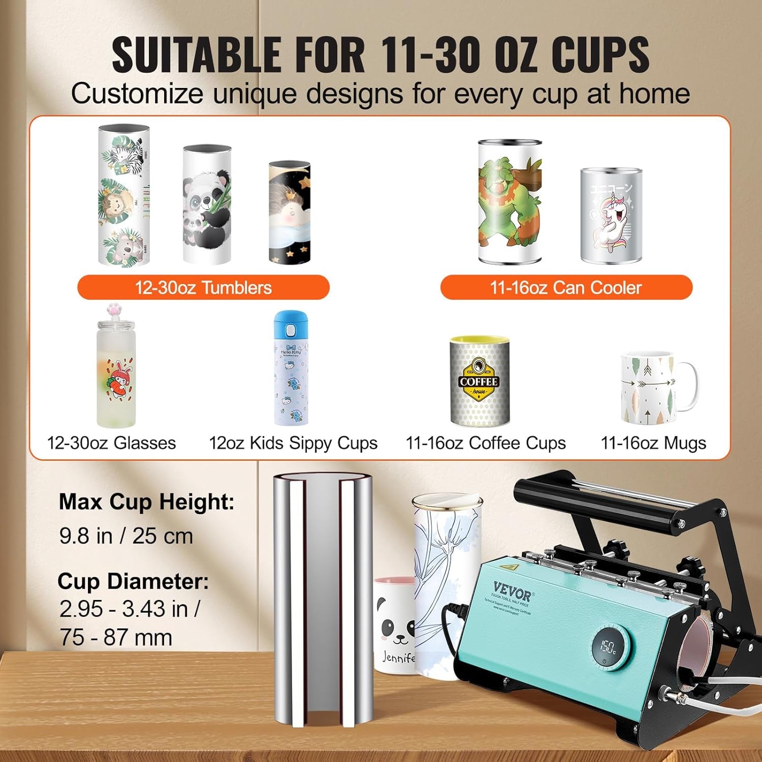 VEVOR Tumbler Heat Press Machine, Tumbler Press for 30OZ 20OZ Sublimation Straight Skinny Tumblers, with Knob Control Temp&Timer Setting for 11-16Oz Mugs, Mug Press with Paper Heat Tape Gloves-Green