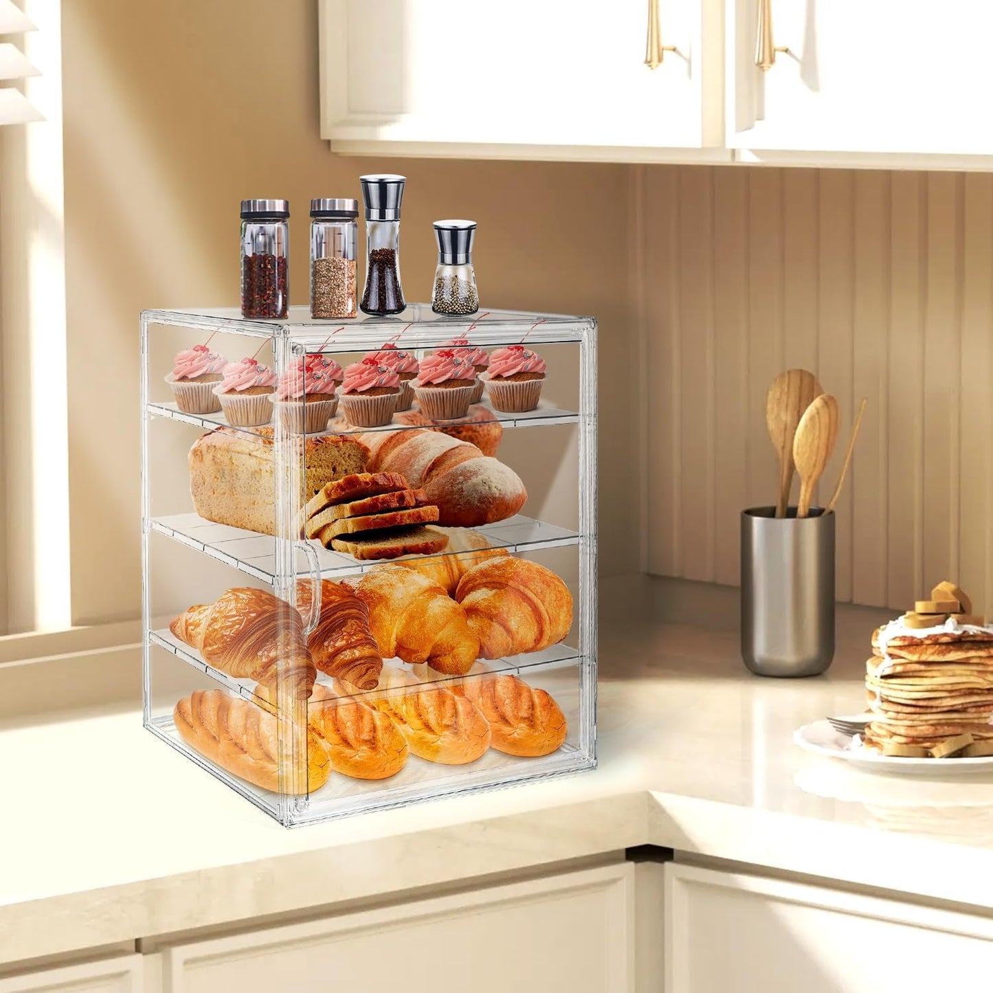 15.5 X 11.4 X 9.8 Inch 4-Tier-Party Display Case, Bakery Display Case Countertop,Adjustable Clear Bread Storage with Magnetic Door Bakery Pastry Display, Cookies and Donuts