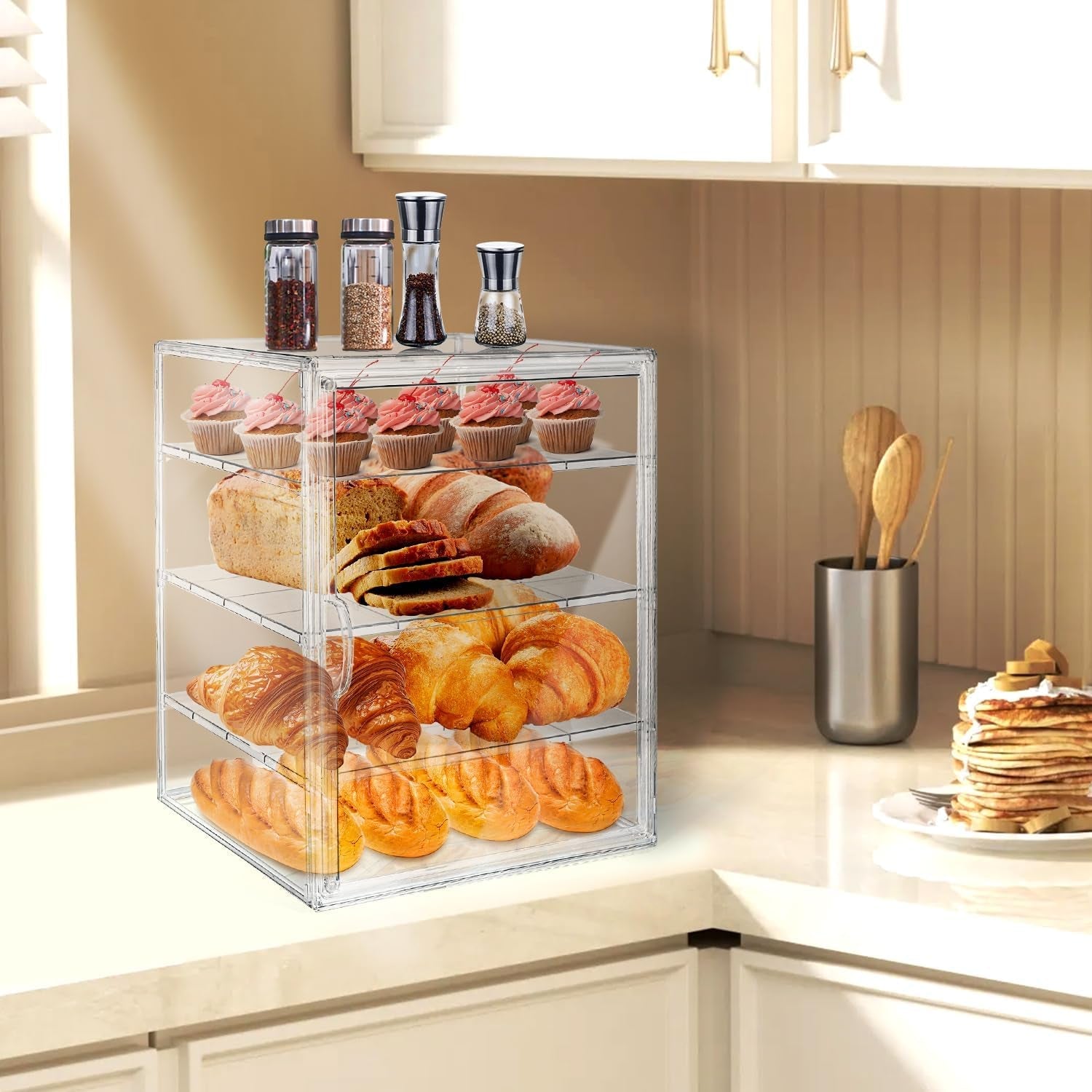 15.5 X 11.4 X 9.8 Inch 4-Tier-Party Display Case, Bakery Display Case Countertop,Adjustable Clear Bread Storage with Magnetic Door Bakery Pastry Display, Cookies and Donuts