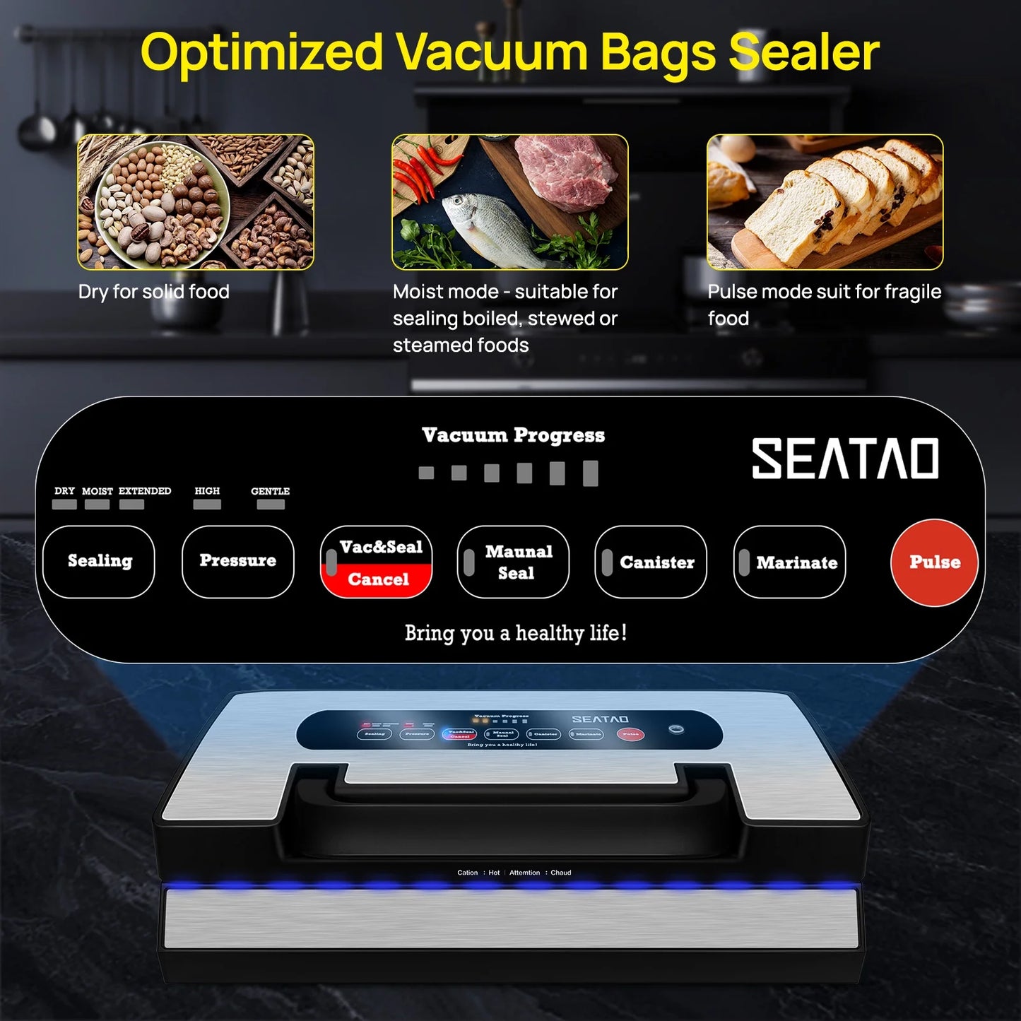 SEATAO VH5188 Vacuum Sealer, 90Kpa Multifunctional Food Vacuum Sealer, Dry , Wet , Food Three Modes
