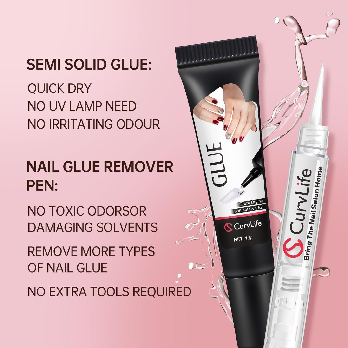 Curvlife 10G Semi Solid Nail Glue Gel with 5Ml Nail Glue Remover Pen, No Need for Uv Light, Valentine'S Day Gifts Gel Glue for Press on Nails, Click&Remove Pen