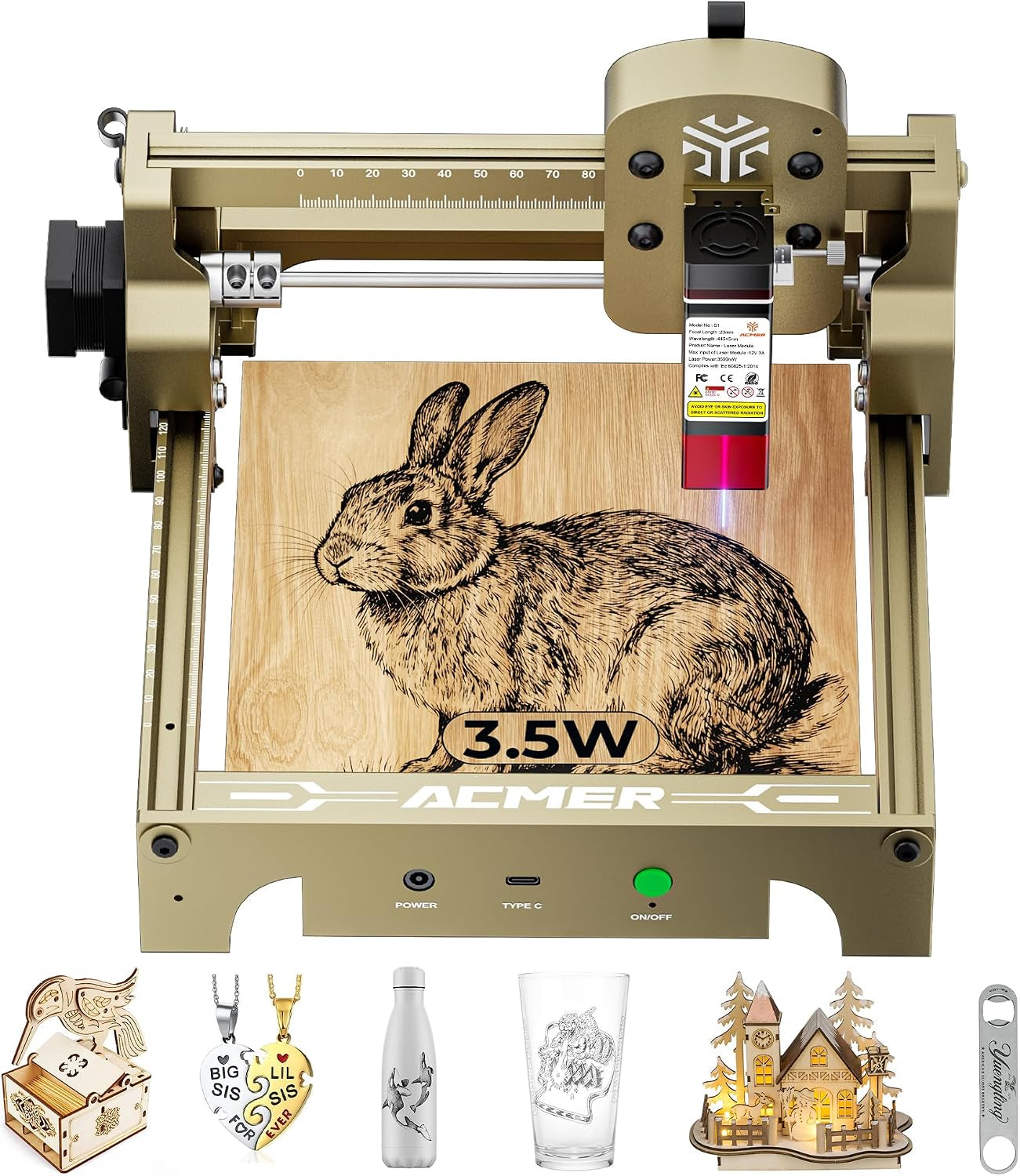 ACMER S1 3500Mw Laser Engraver Machine, Higher Accuracy Lazer Cutter and Engraving Machine with Working Area 130X130Mm,0.04Mm Laser Spot Engraving Machines & Tools for Wood Metal, Leather