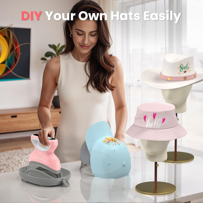 Calogy Hat Press Heat Machine for Caps, Mini Portable Hat Heat Press with Timer, Max 410℉,Precision Temp Control ±5℉, Fast & Evenly Heating Curved Plate 2.76 * 6.3In for 6 1/2-8 Hat，21-26 Girth（Pink）