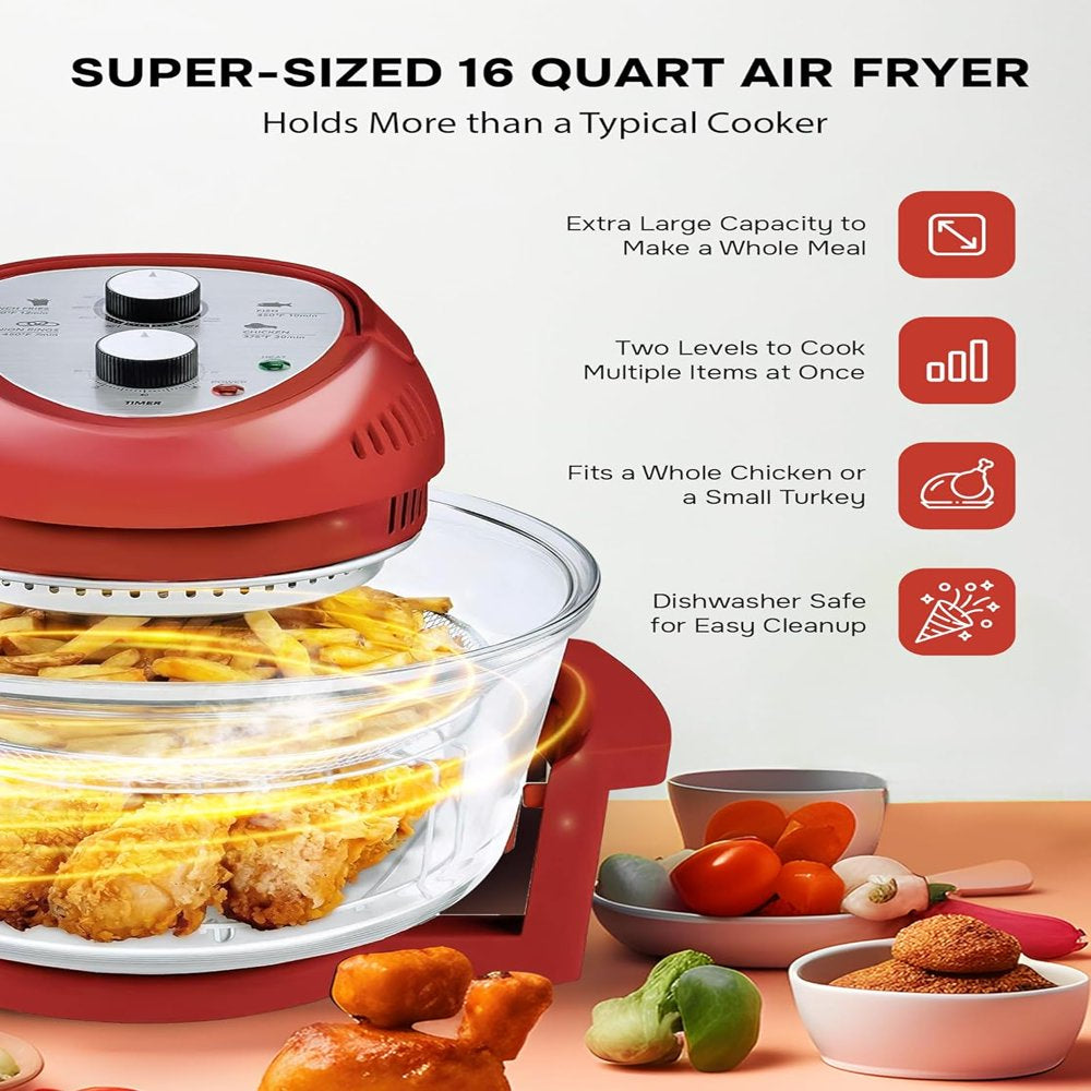 Big Boss 16Qt Large Air Fryer Oven with 50+ Recipe Book Airfryer Oven Makes Healthier Crispy Foods Red