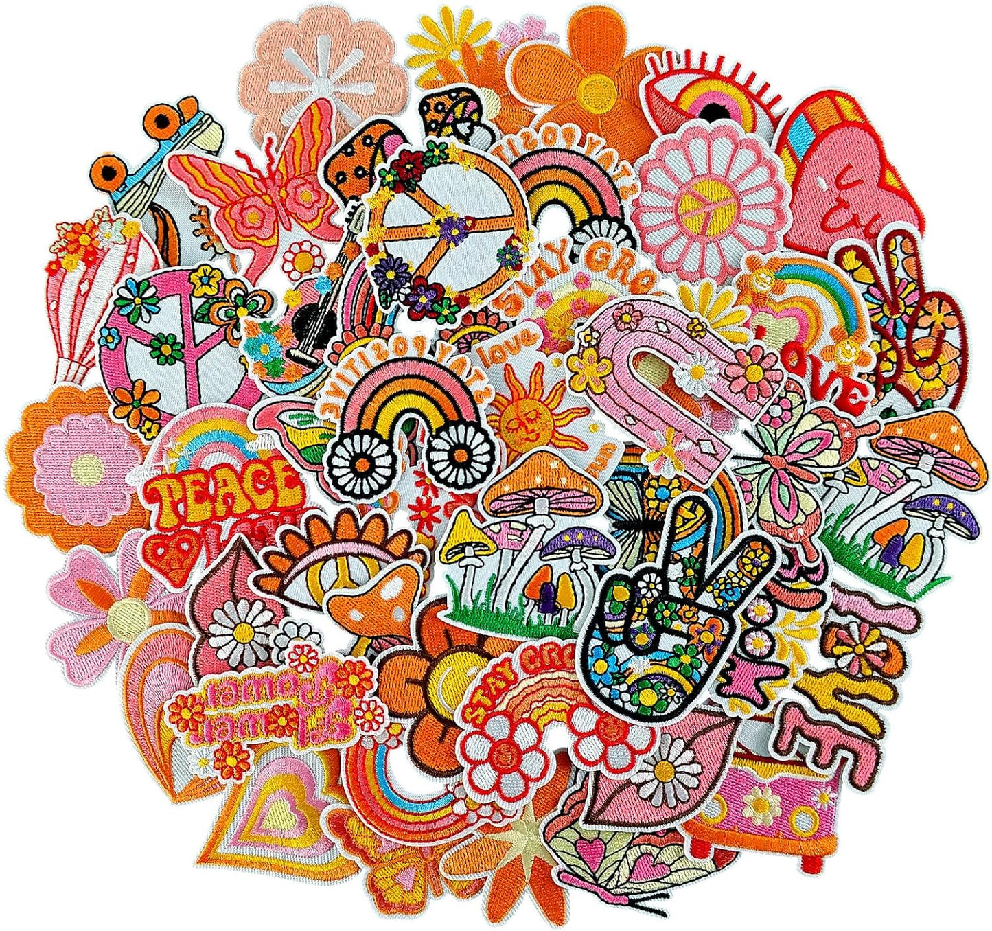 Rf-Patch 48Pcs Hippie Iron on Patches for Girl, Embroidered Boho Iron On/Sew on Patch for Clothes, Hats, Jeans, Dress, Backpacks, Etc, Machine Washable