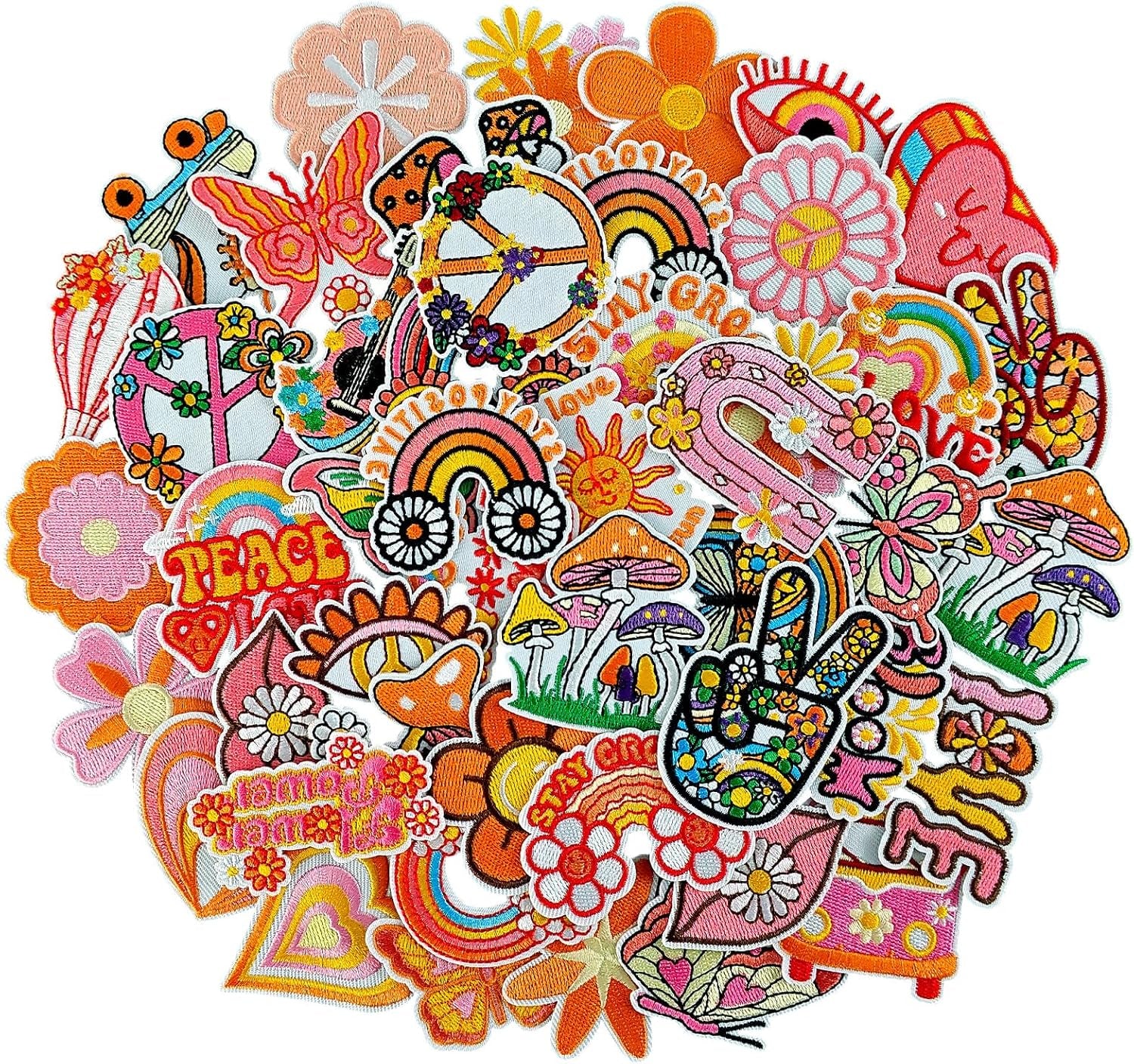 Rf-Patch 48Pcs Hippie Iron on Patches for Girl, Embroidered Boho Iron On/Sew on Patch for Clothes, Hats, Jeans, Dress, Backpacks, Etc, Machine Washable