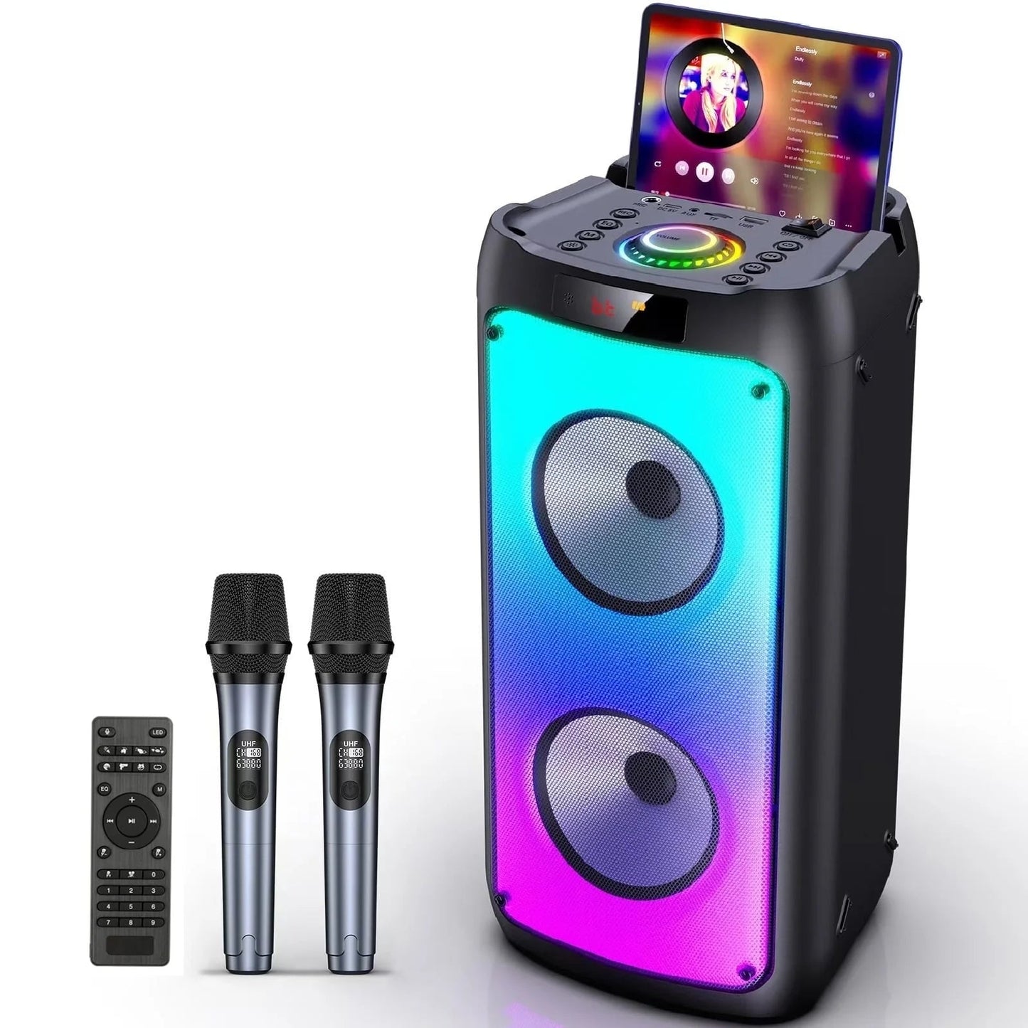 Party Speaker, Bluetooth Speaker with 2 Microphones, Dual 4'' Subwoofer Deep Bass