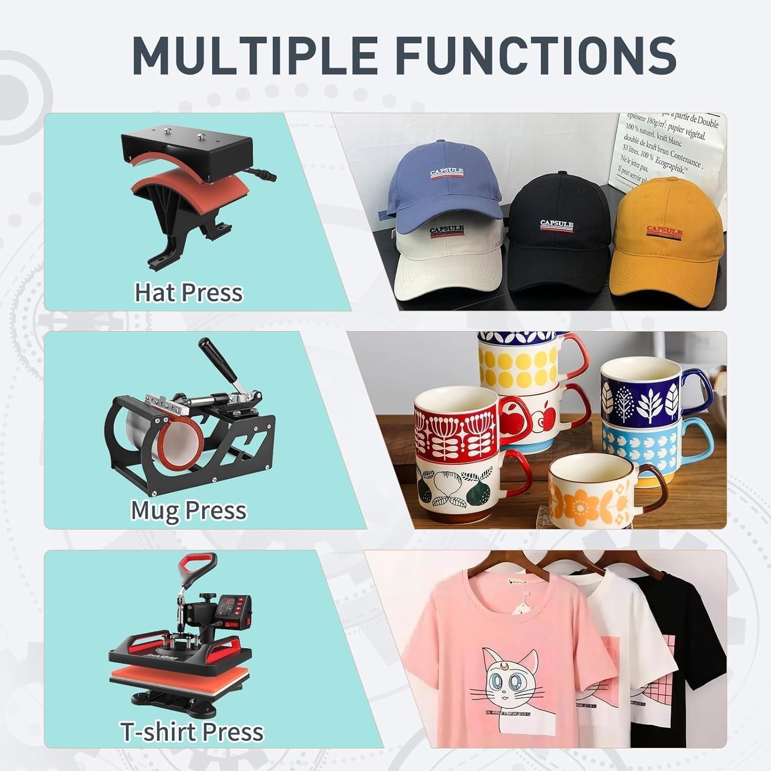 Heat Press, 12" X 15" Heat Press Machine -  5 in 1 Combo Swing Away T-Shirt Sublimation Transfer Printer, Including Mug and Hat Accessories