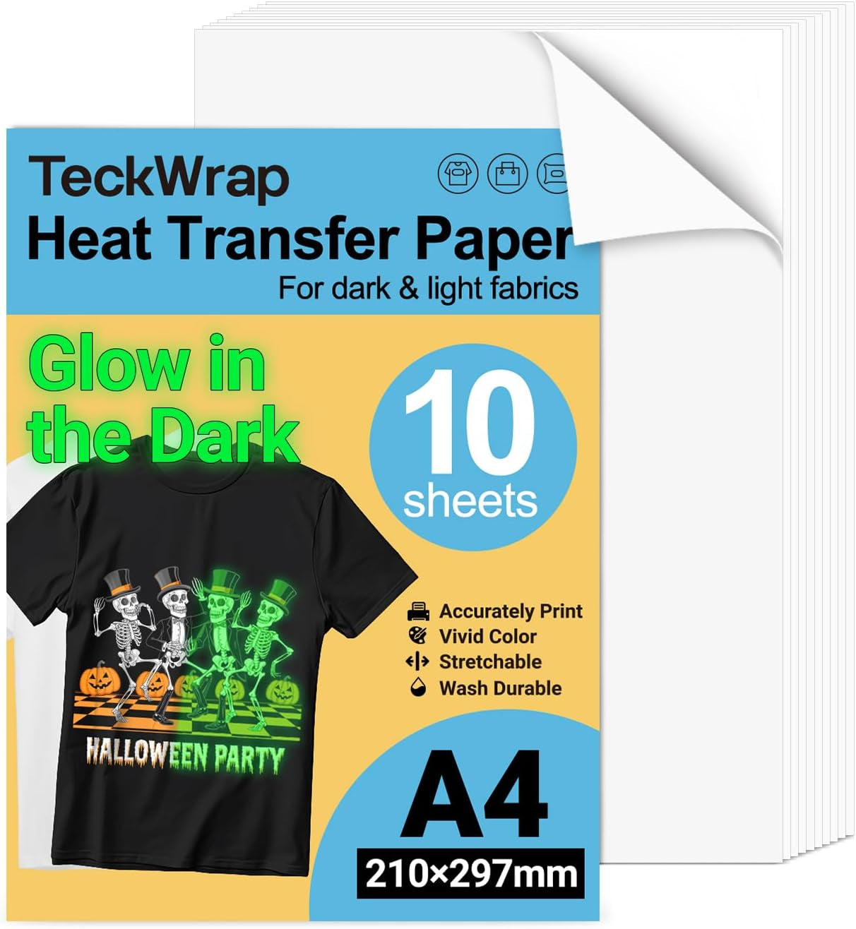 Printable Heat Transfer Paper for T-Shirts 10 Sheets, 8.3" X 11.7" Printable Heat Transfer Vinyl for Inkjet Printer, Iron on Transfer Paper for Light and Dark Fabric (Glow in Dark)