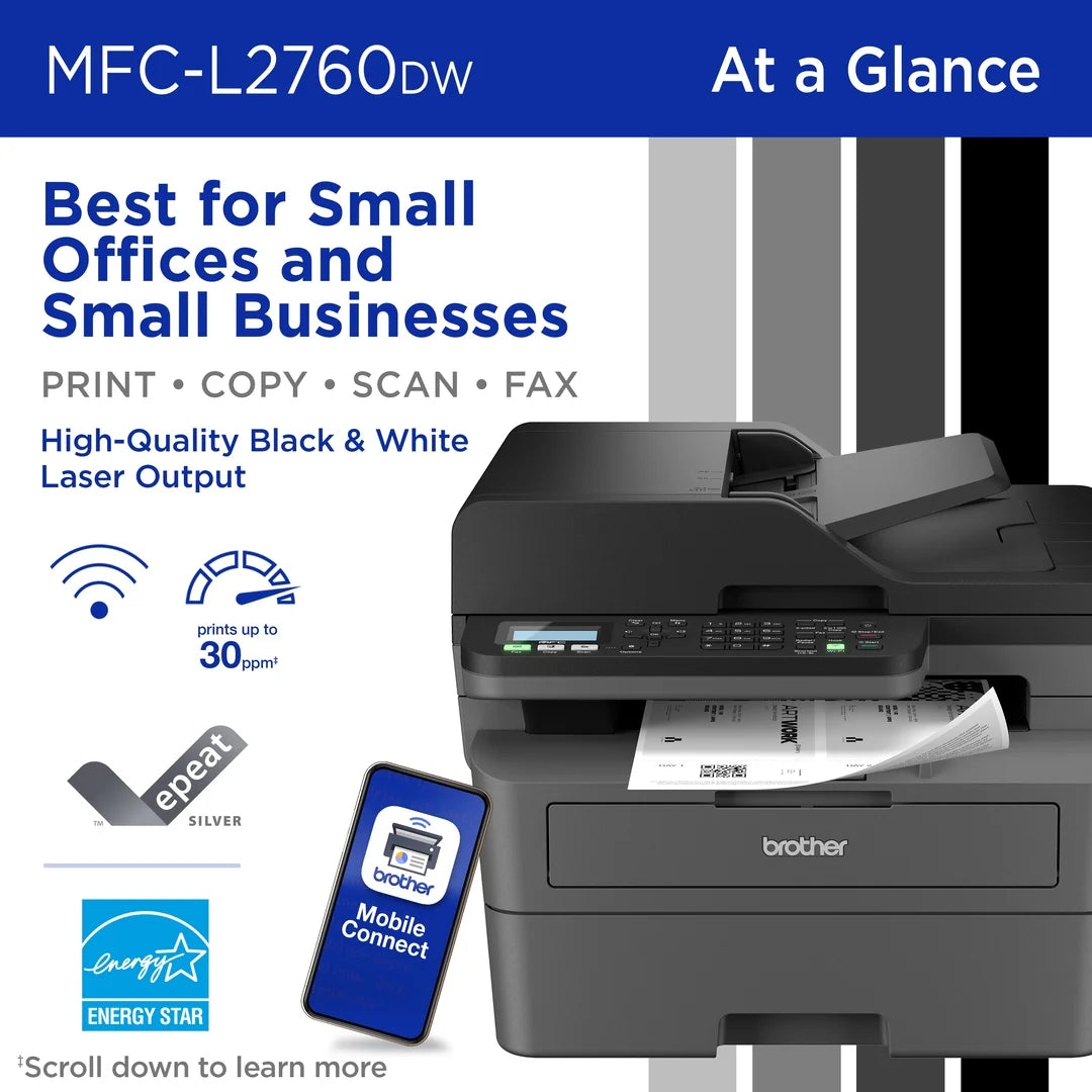Wireless MFC-L2760DW Compact Monochrome All-In-One Laser Printer with Copy, Scan and Fax, Duplex and Mobile Printing