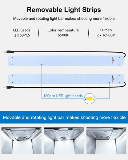 Photo Box, PULUZ 24"X24" Photo Studio Light Box for Photography Portable Large Lightbox Photo Booth Kit with 6 Colors Photo Backdrops-Dimmable 120Pcs LED Beads, 5500K Lighting, US Plug