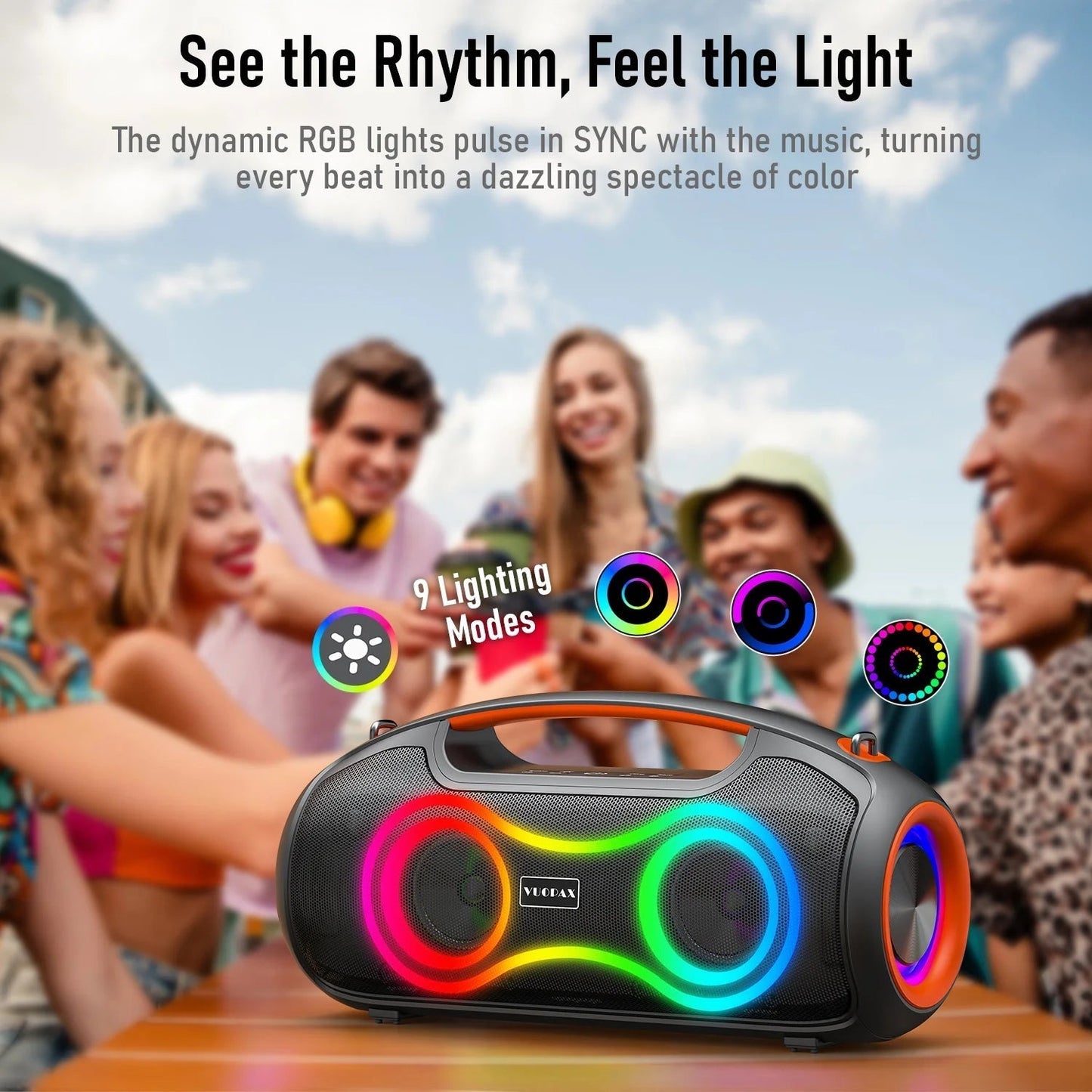 Portable Bluetooth Speaker with Bass Boost, IP65 Waterproof Outdoor Wireless Loud Speaker with Disco Dynamic Light, 180W Power and USB/AUX/TF Input for Party